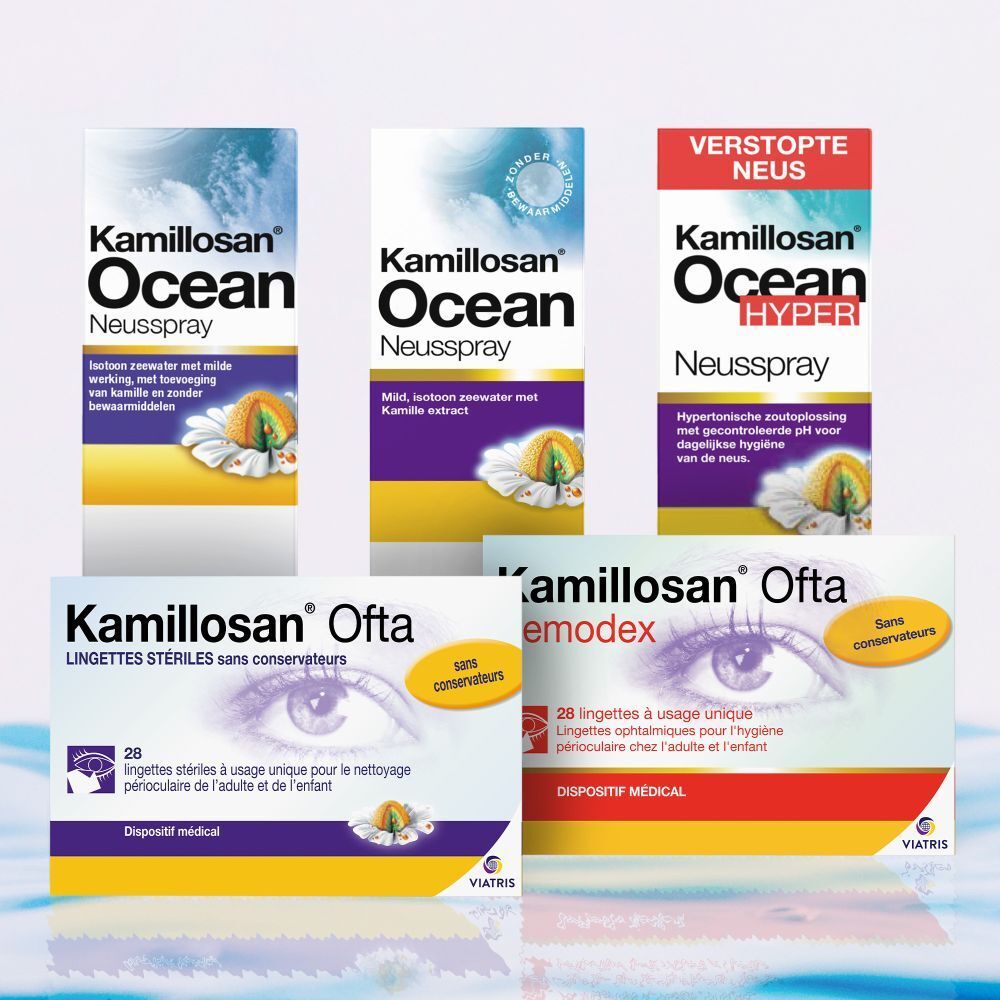 Verschillende Kamillosan producten: neusspray, oogspoeling, oogreinigingsdoekjes. Nederlandse tekst.