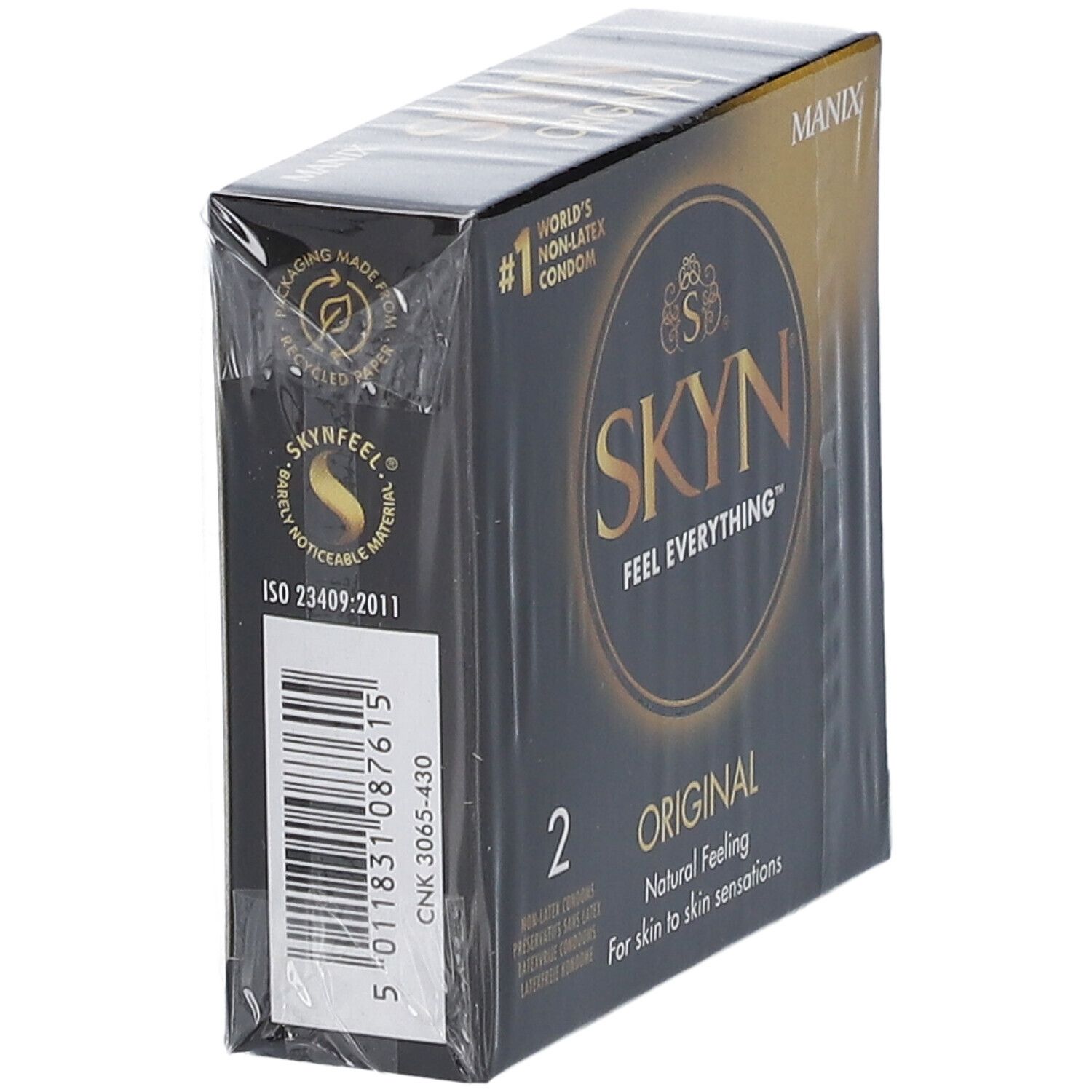 Manix Skyn Original Kondom-Verpackung. Schwarze Schachtel mit goldfarbenem Logo. Enthält 2 Kondome. Rückseite mit Text.