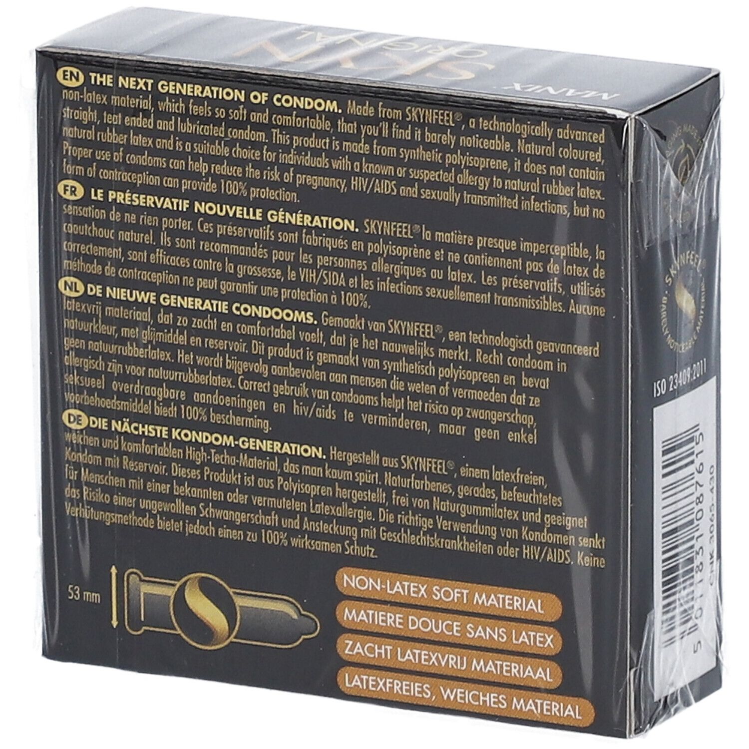 Rückseite der Manix Skyn Original Kondom-Verpackung. Text in mehreren Sprachen. Enthält Informationen zum Produkt.
