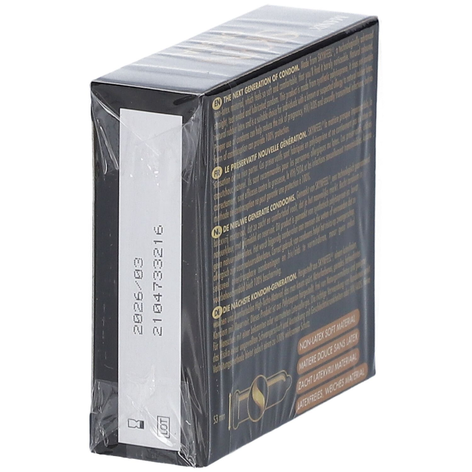 Manix Skyn Original Kondom-Verpackung. Schwarze Schachtel mit goldfarbenem Logo. Enthält 2 Kondome. Datumsangabe.