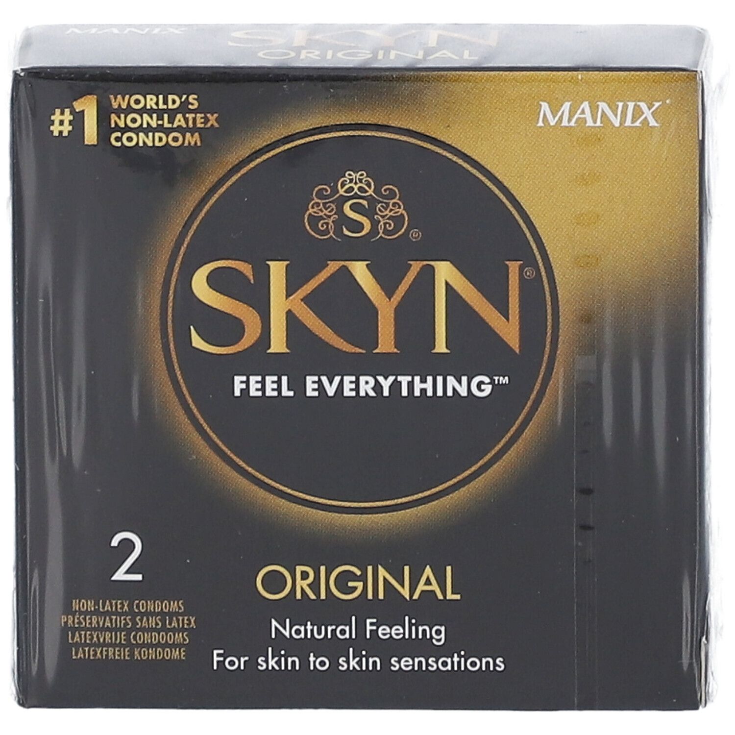 Manix Skyn Original Kondom-Verpackung. Schwarze Schachtel mit goldfarbenem Logo. Enthält 2 Kondome. Text: Original.