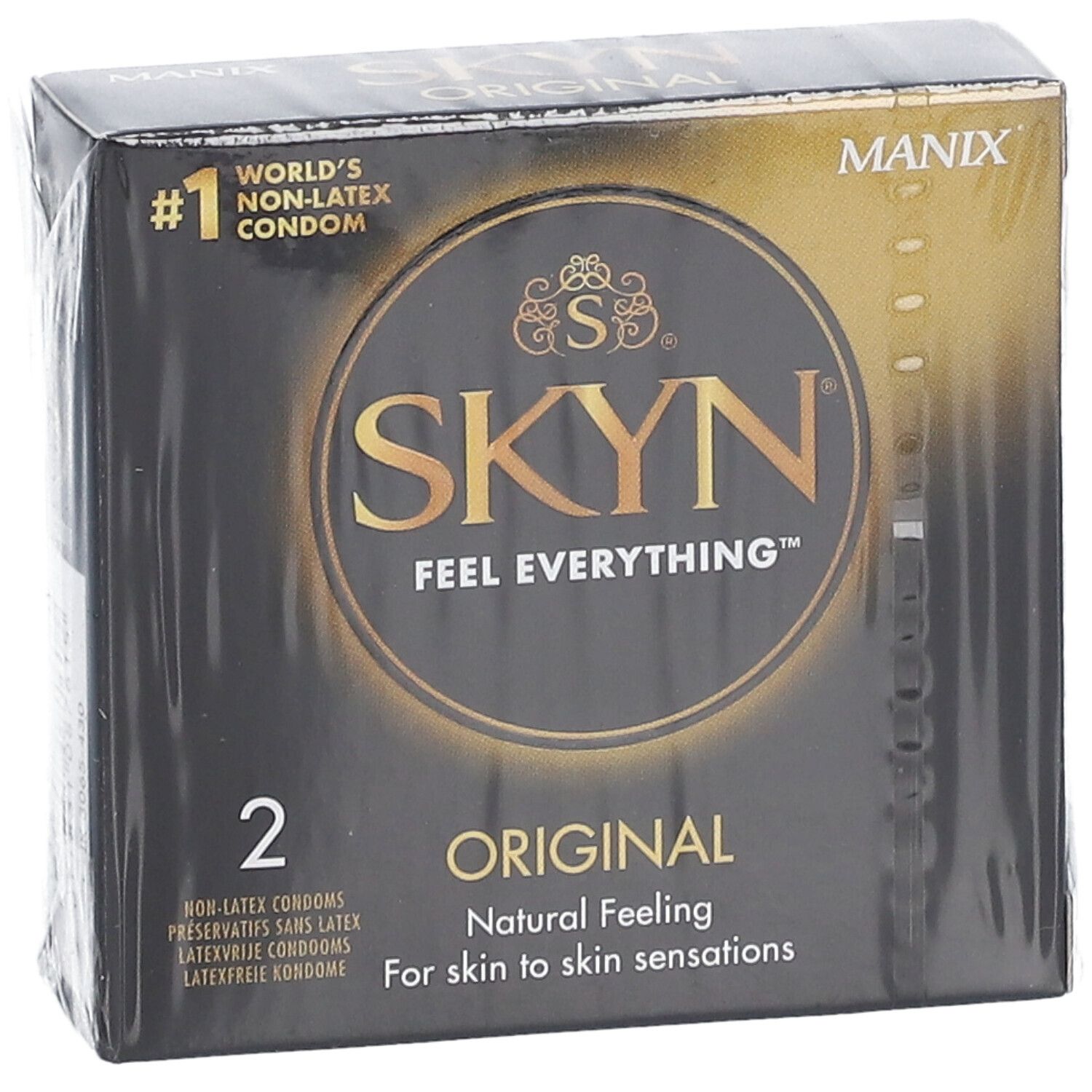 Manix Skyn Original Kondom-Verpackung. Schwarze Schachtel mit goldfarbenem Logo. Enthält 2 Kondome. Nahaufnahme.