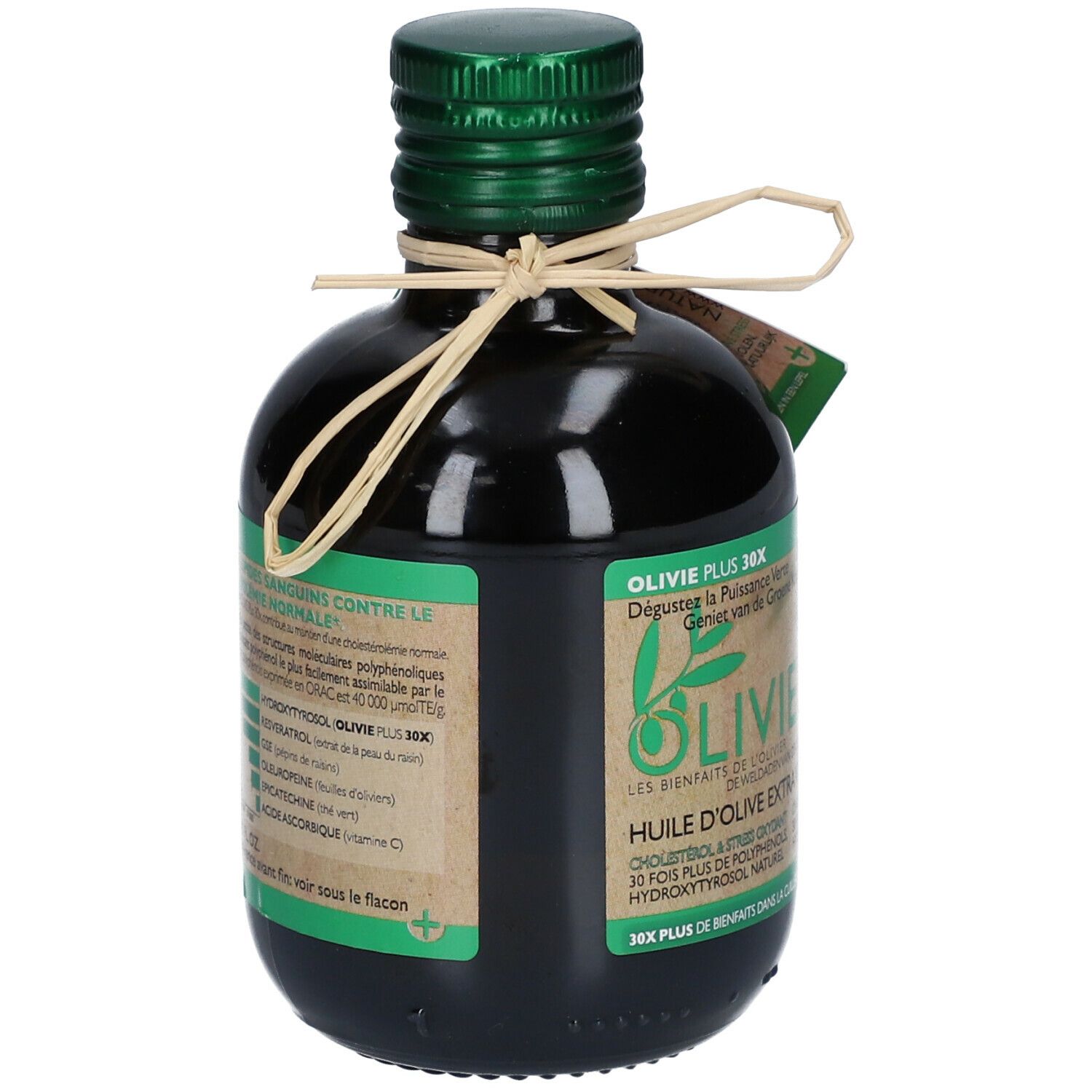 Groene glazen fles olijfolie. Etiket met productinfo en merk Olivie. Groen-bruine dop en papieren label.