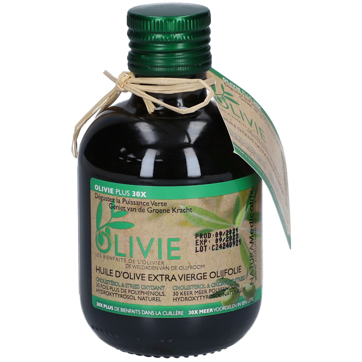 Groene glazen fles olijfolie. Etiket met productinfo en merk Olivie. Groen-bruine dop en papieren label.