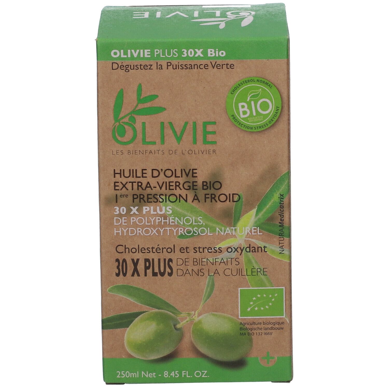 Doos met Olivie 30x Plus Bio olijfolie. Groen-bruine kleuren, productinformatie, bio-keurmerk en olijvenillustratie.