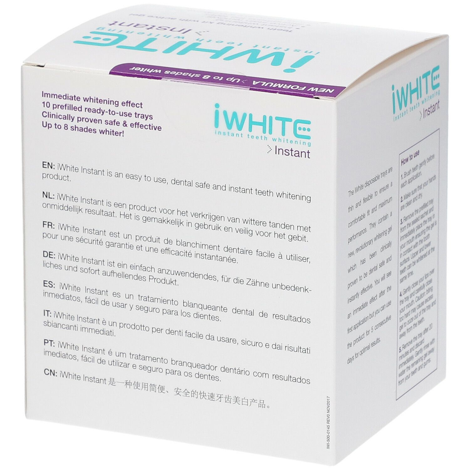 Produktverpackung, weißer Karton mit Produktinformationen. Aufschrift: iWHITE Instant. Enthält mehrsprachige Produktbeschreibungen.
