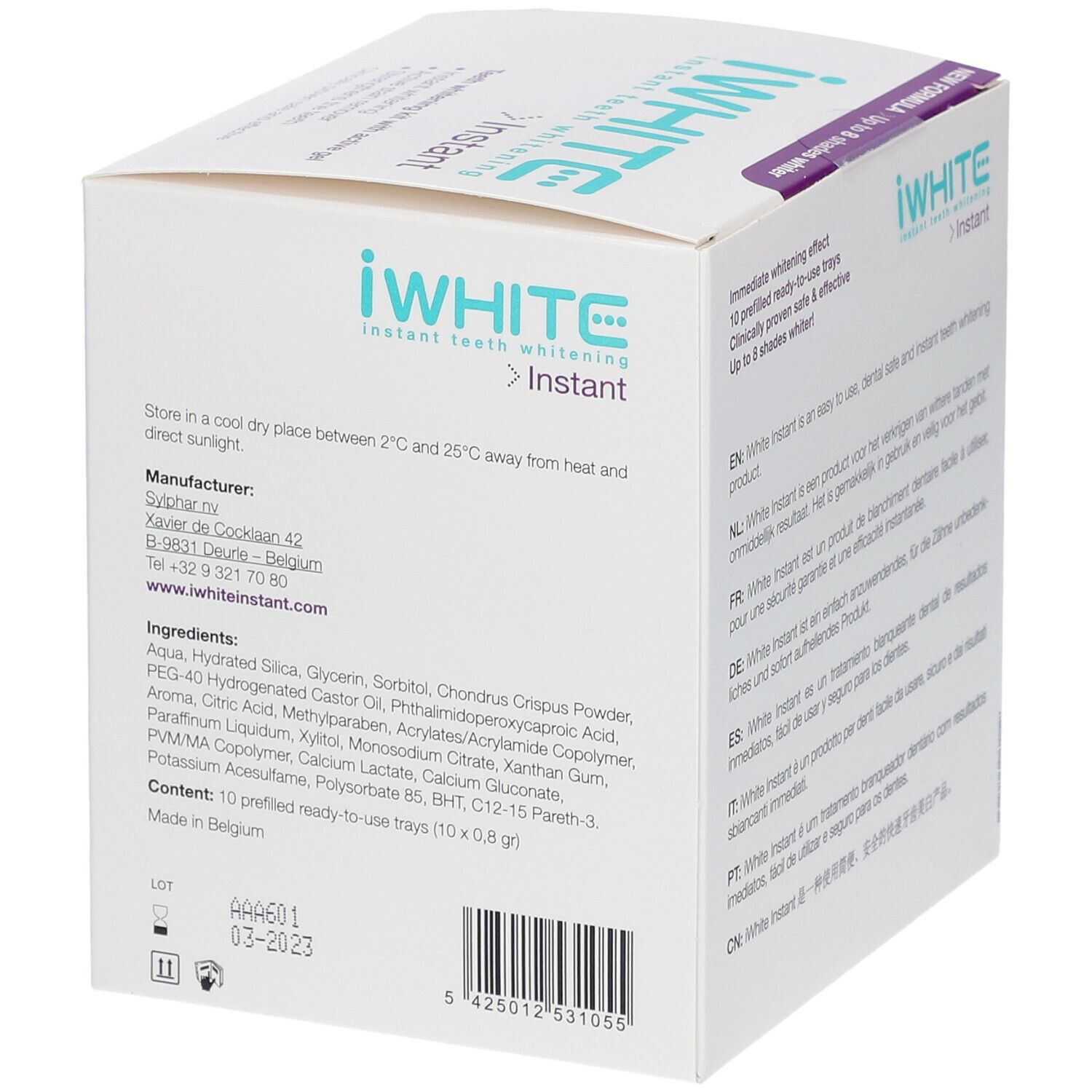 Produktverpackung, weißer Karton mit Produktinformationen. Aufschrift: iWHITE Instant. Enthält Inhaltsstoffe und Herstellerinformationen.