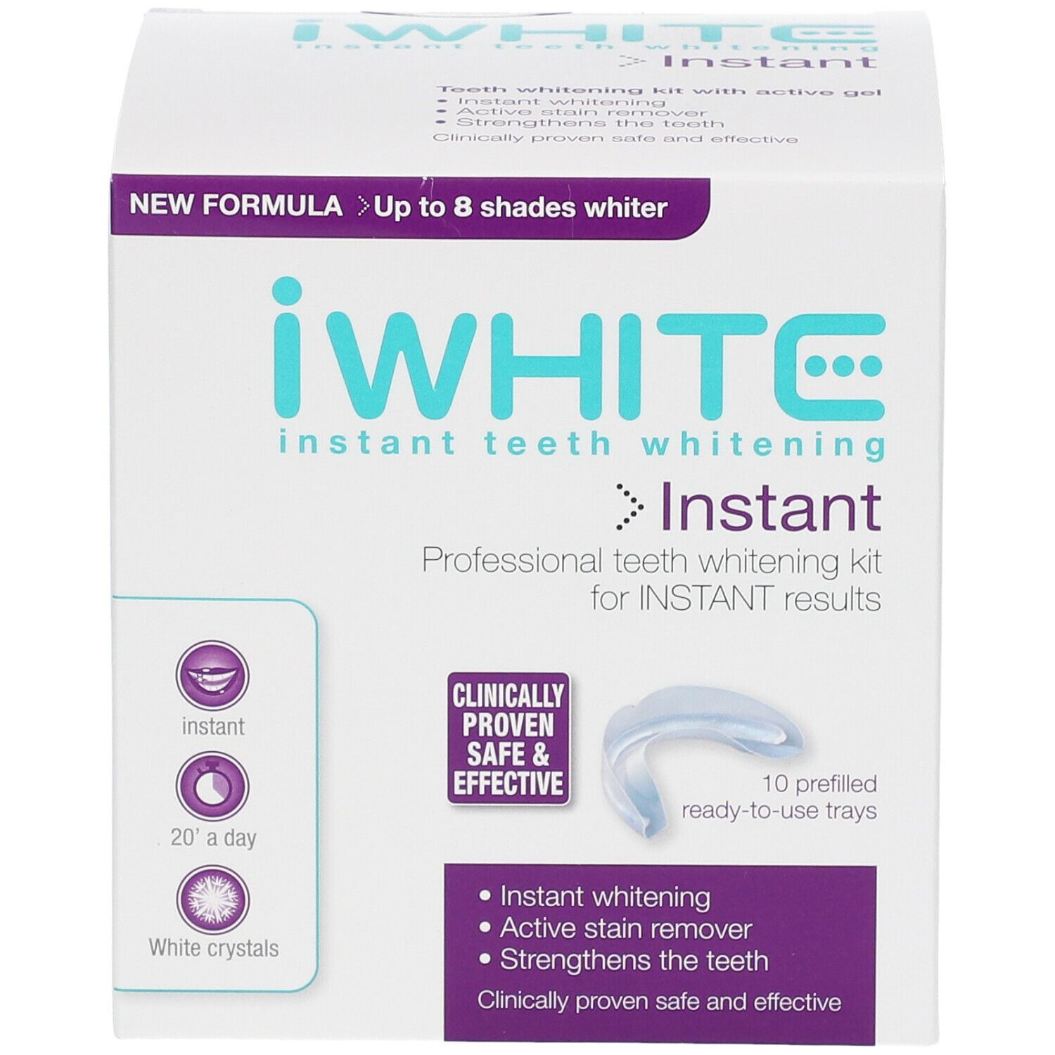 Weißer Karton mit Produktinformationen. Aufschrift: iWHITE Instant, Zähne aufhellen. Enthält 10 vorgefüllte Schalen.