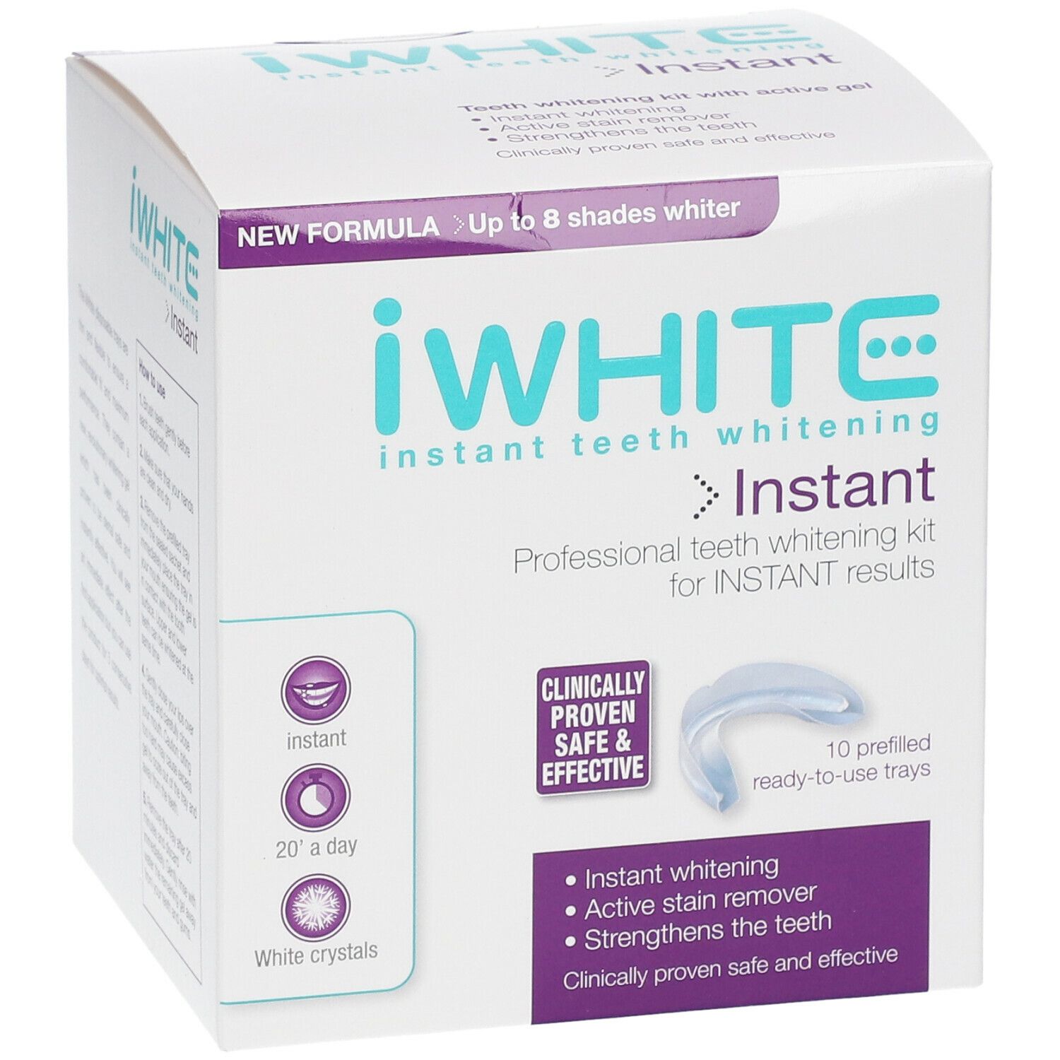 Weißer Karton mit Produktinformationen. Aufschrift: iWHITE Instant, Zähne aufhellen. Enthält 10 vorgefüllte Schalen.