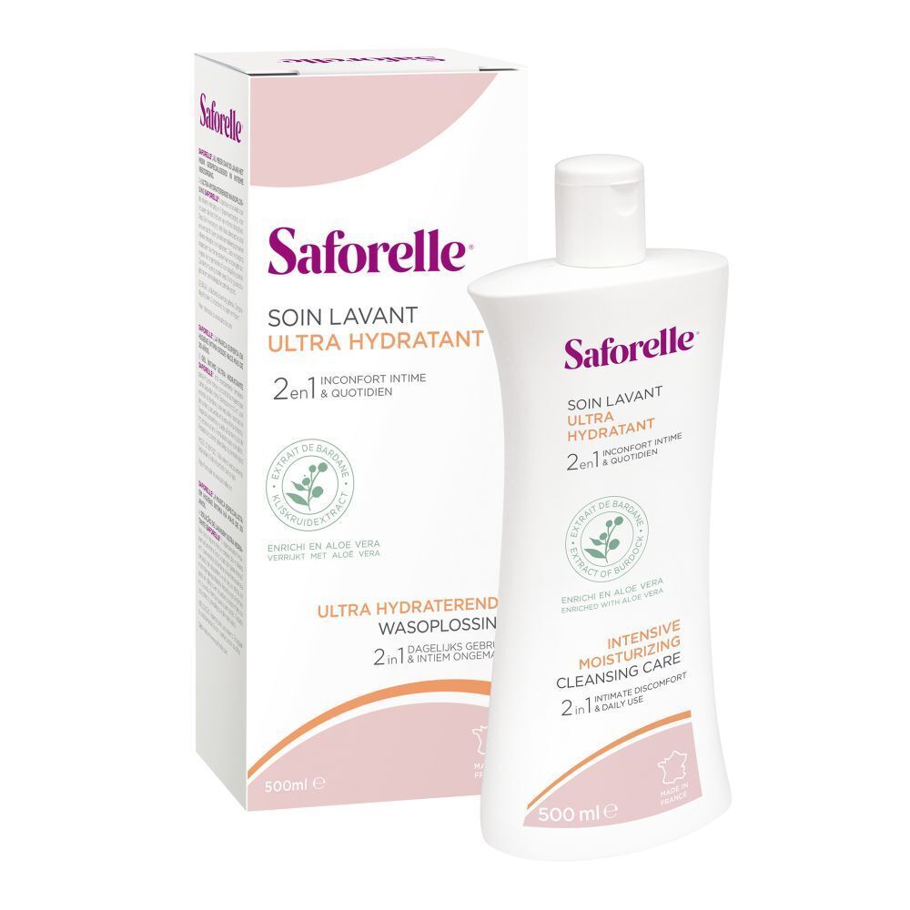 Saforelle-Verpackung und Flasche. Text: Soin Lavant 2 in 1. Für Irritationen. 500 ml. Mit Aloe Vera.