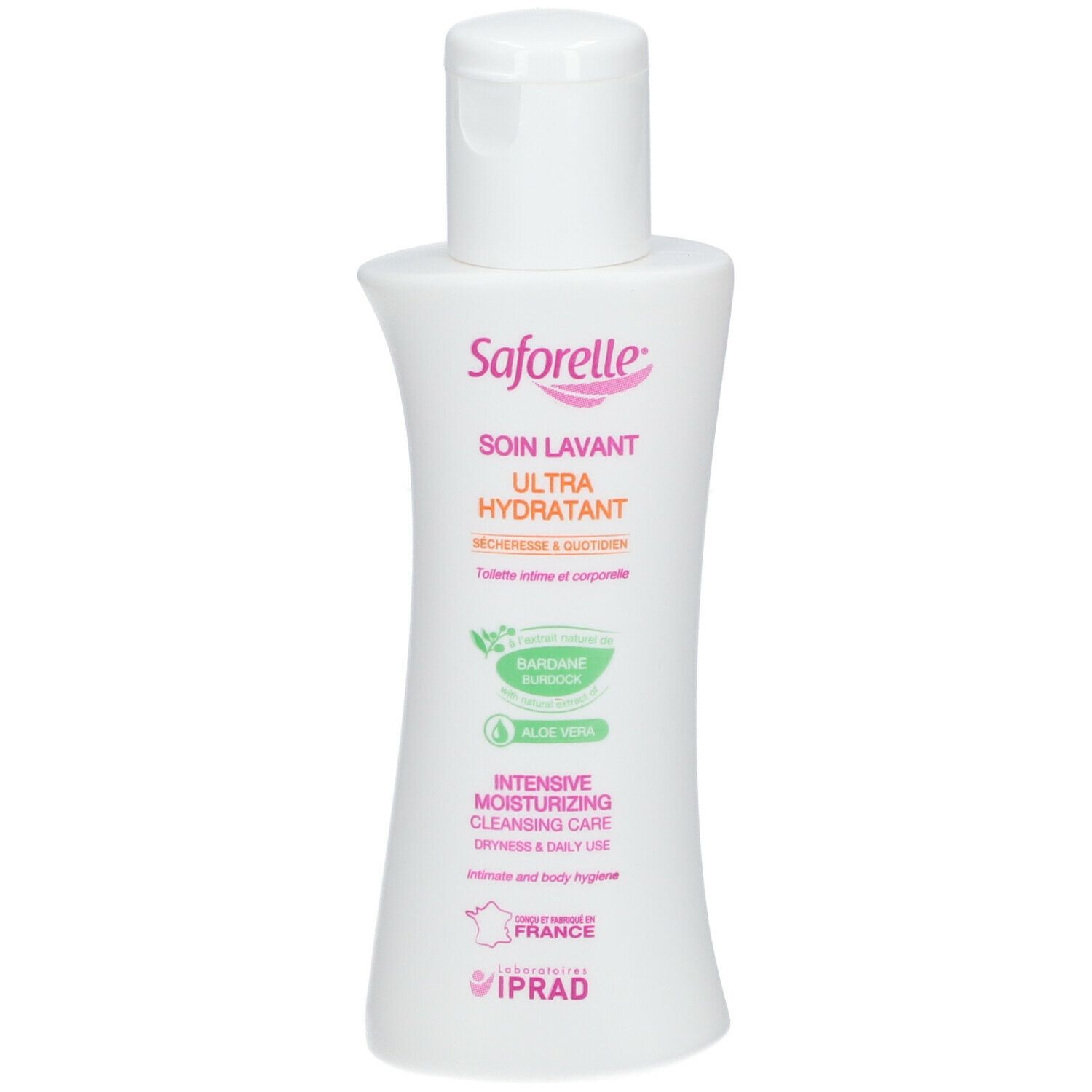 Flacon blanc. Inscription : Saforelle, Soin Lavant Ultra Hydratant. Avec aloe vera.