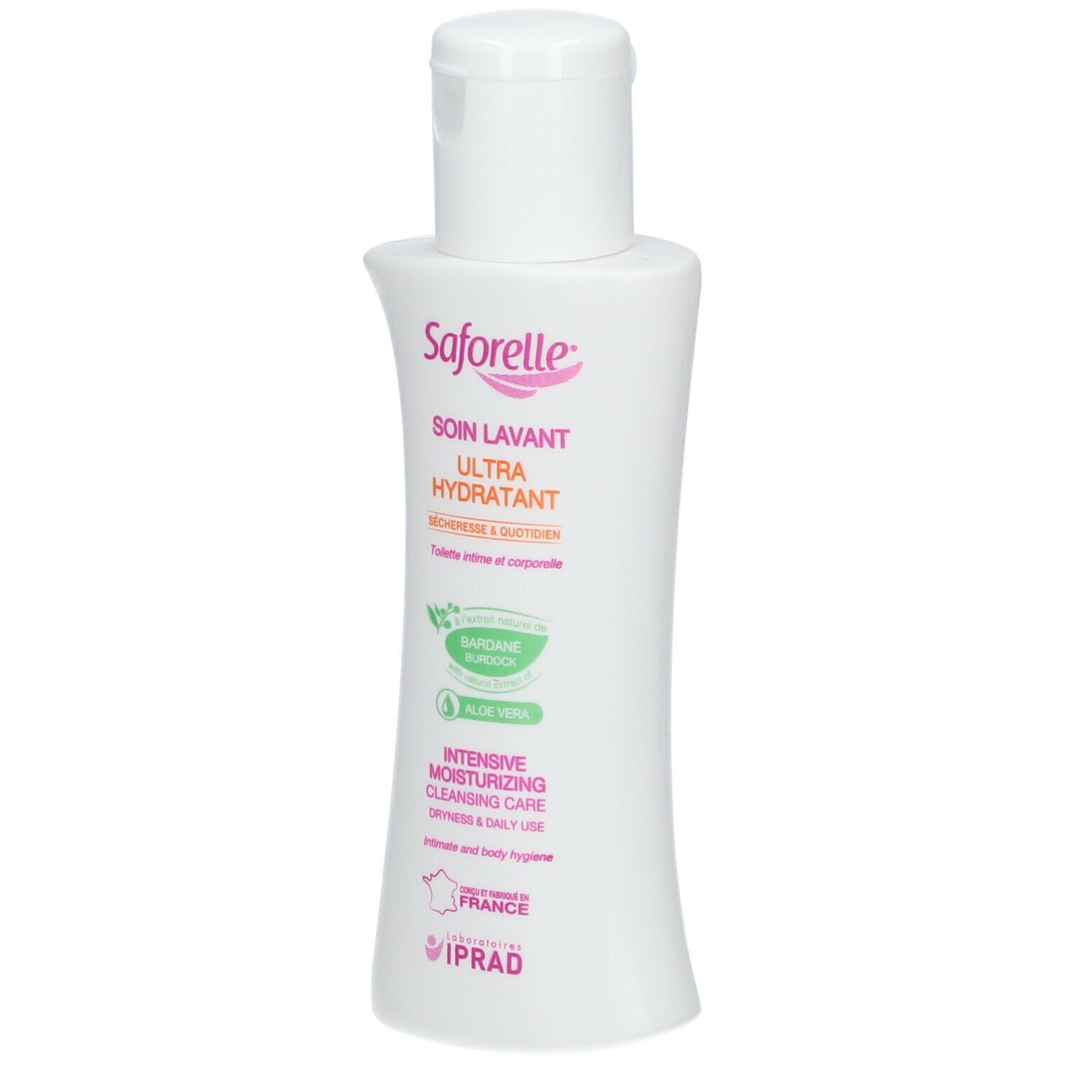 Flacon blanc. Inscription : Saforelle, Soin Lavant Ultra Hydratant. Avec aloe vera.
