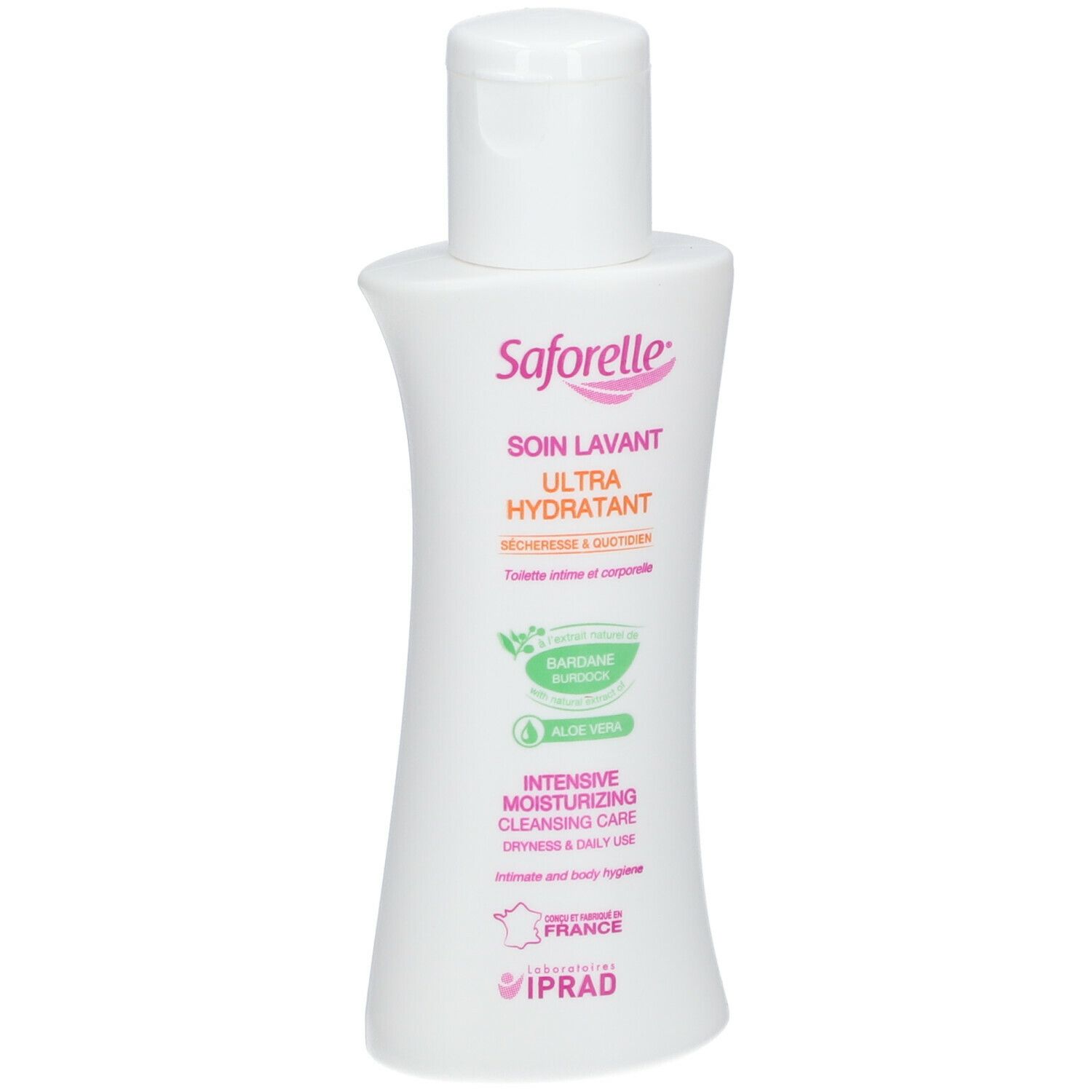 Flacon blanc. Inscription : Saforelle, Soin Lavant Ultra Hydratant. Avec aloe vera.
