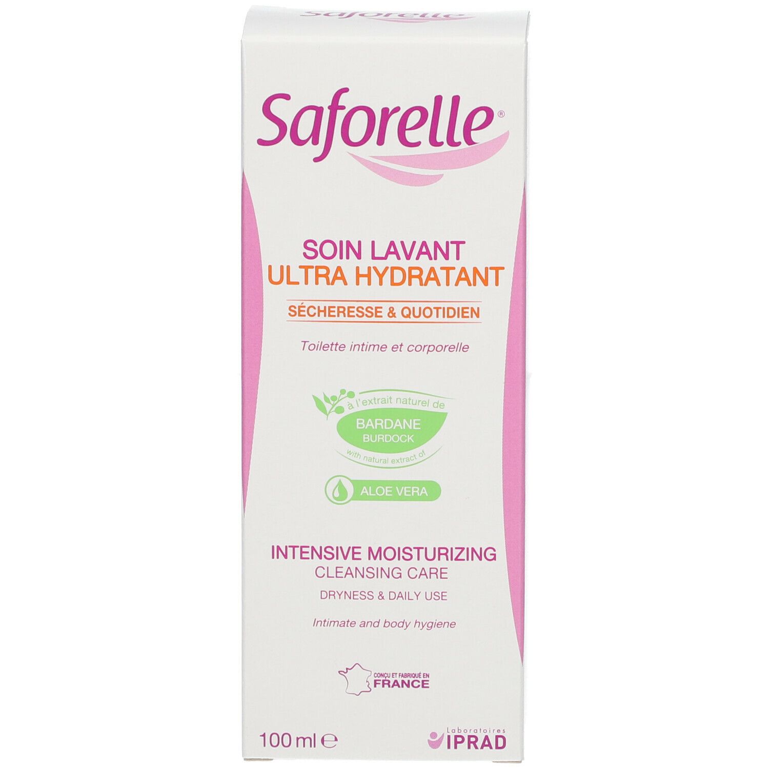 Étui. Inscription : Saforelle, Soin Lavant Ultra Hydratant. Avec aloe vera.