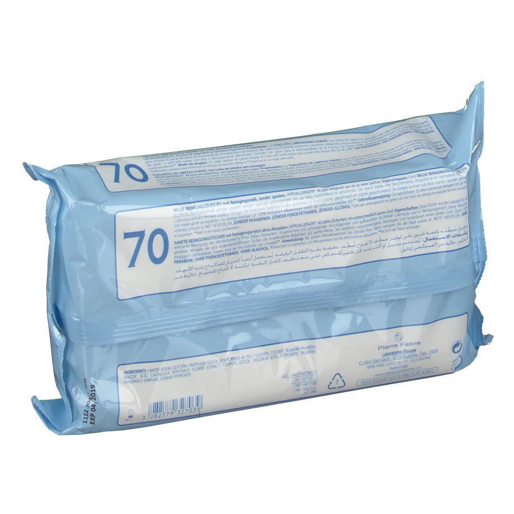 Dos du paquet bleu clair avec texte. Inscription: 70 lingettes. Informations sur les ingrédients et le fabricant.