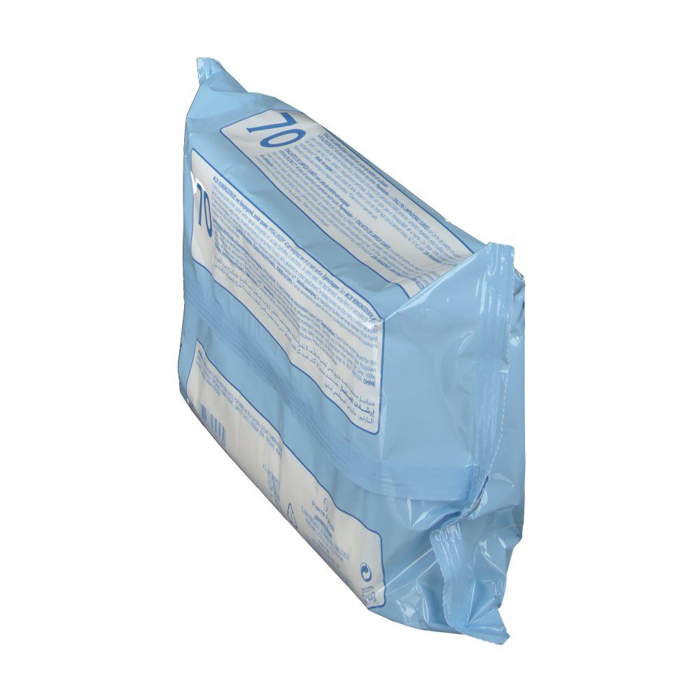 Paquet bleu clair incliné. Inscription: 70 lingettes. Informations sur les ingrédients et le fabricant.