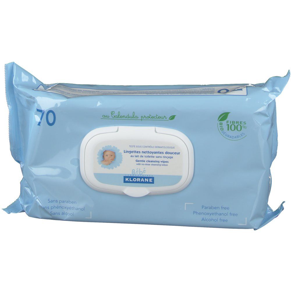 Paquet bleu clair de 70 lingettes. Inscription: Klorane, Bébé, lingettes nettoyantes douces. Sans parabène, phénoxyéthanol, alcool.