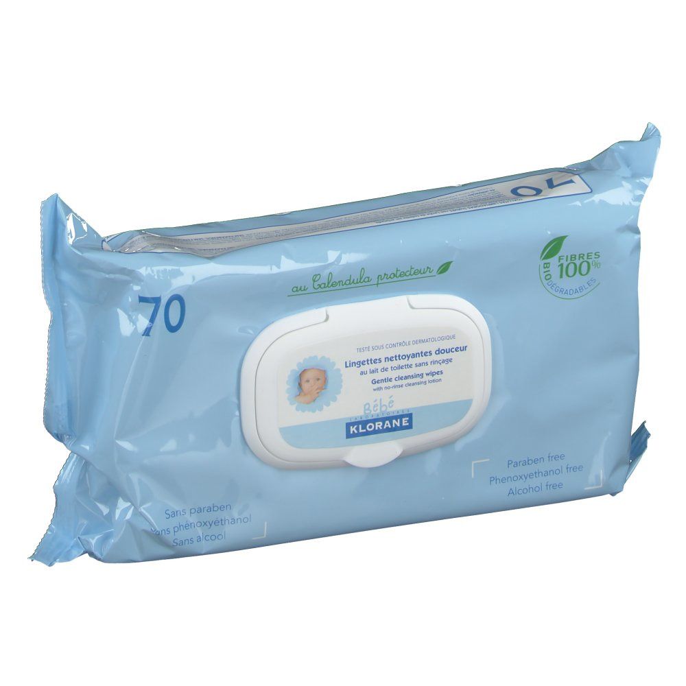 Paquet bleu clair de 70 lingettes. Inscription: Klorane, Bébé, lingettes nettoyantes douces. Sans parabène, phénoxyéthanol, alcool.