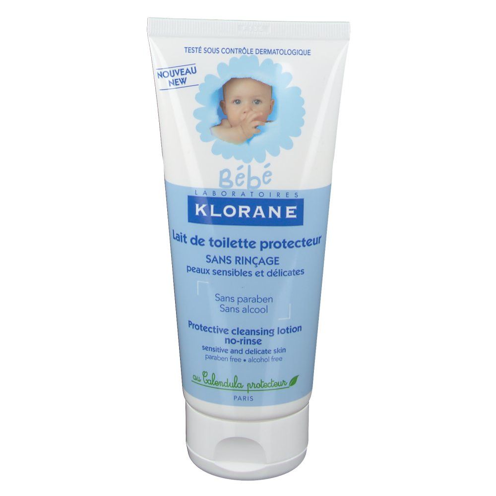 Tube blanc et bleu avec illustration bébé et texte: Klorane Bébé, Lait de toilette protecteur. Sans rinçage.
