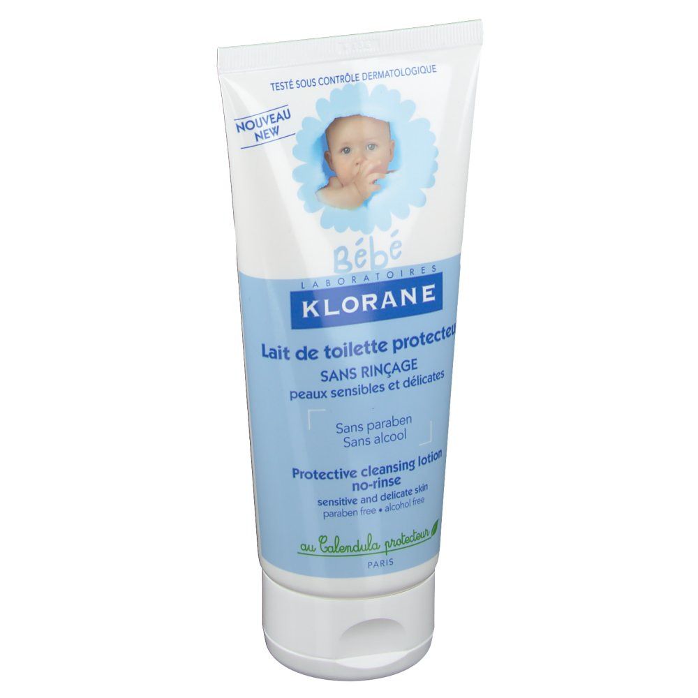 Tube blanc et bleu avec illustration bébé et texte: Klorane Bébé, Lait de toilette protecteur. Sans rinçage.