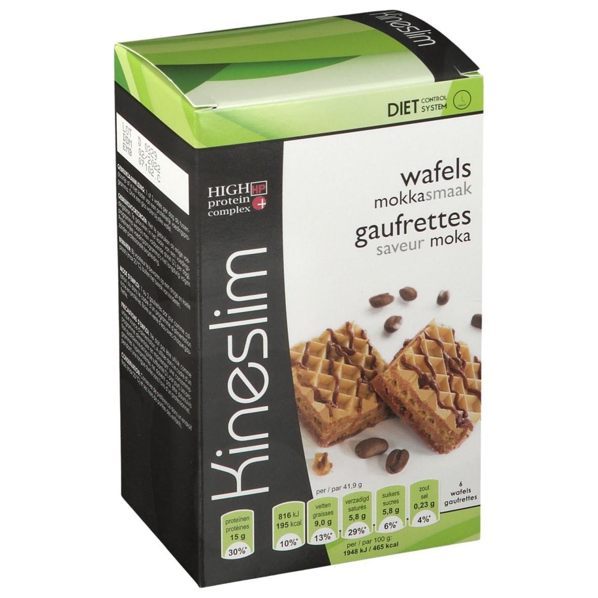 Boîte Kineslim avec gaufrettes moka. Face avant avec photo du produit et informations nutritionnelles. "High Protein Complex".