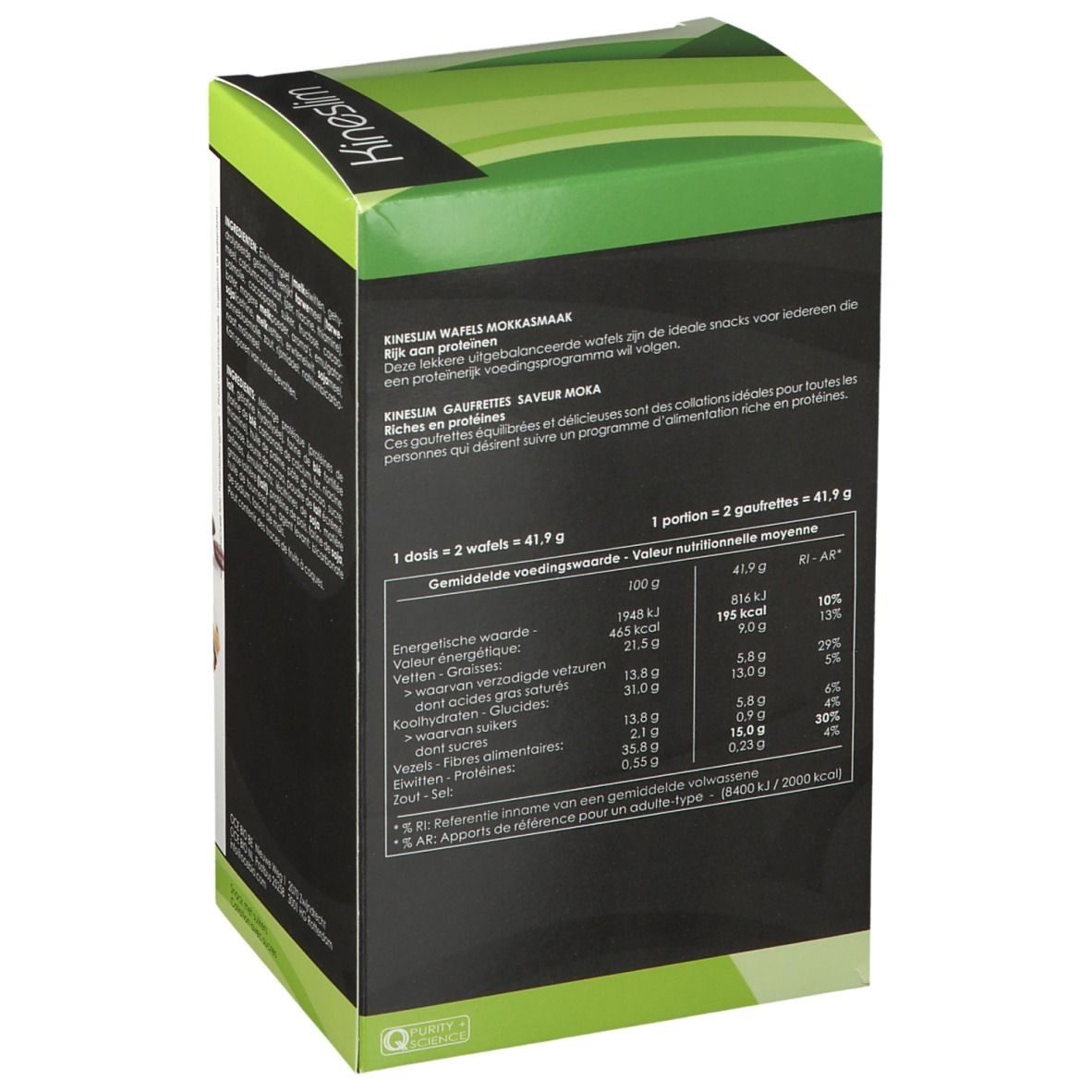 Dos de la boîte Kineslim avec tableau nutritionnel et texte en néerlandais et en français.