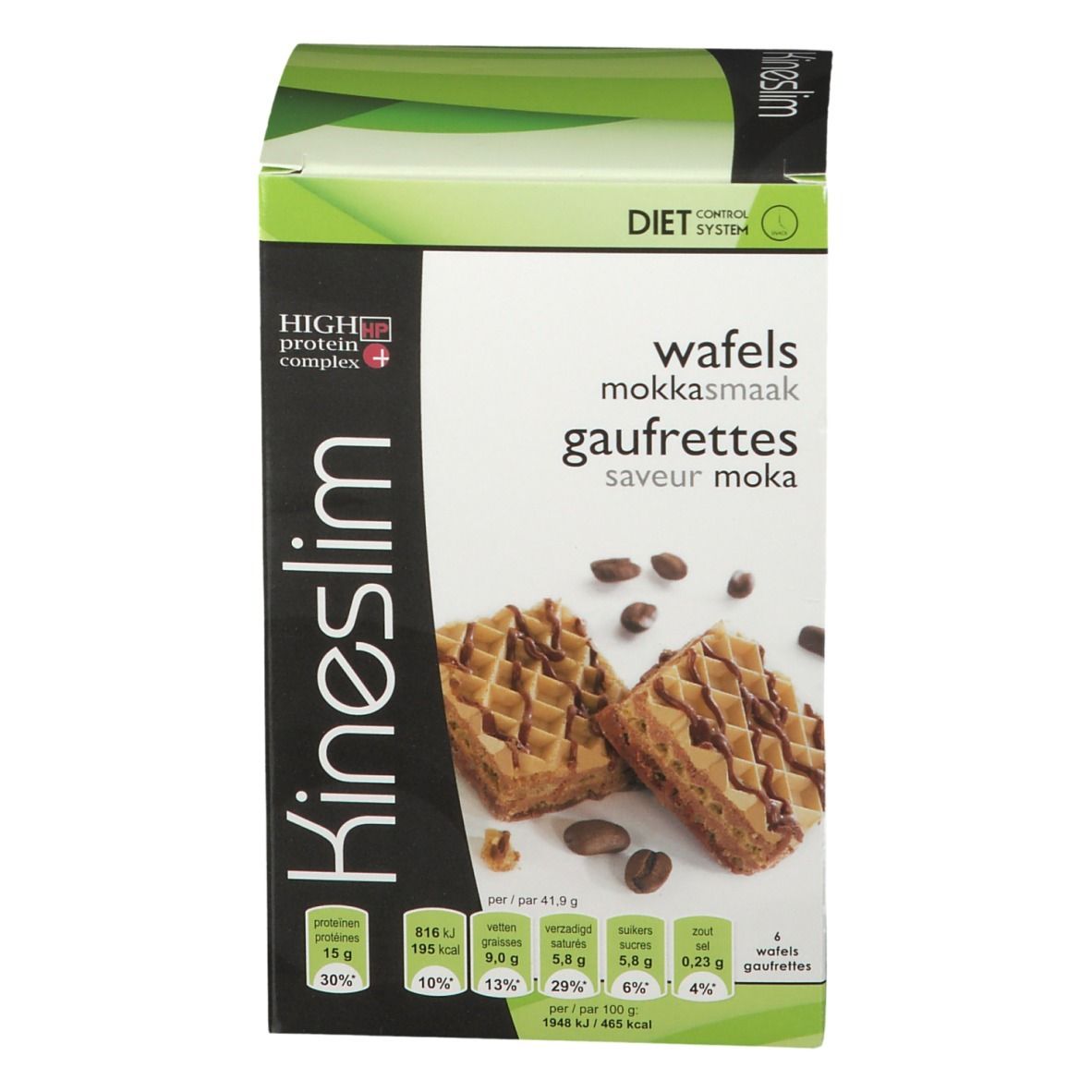 Boîte Kineslim avec gaufrettes moka. Face avant avec photo du produit et informations nutritionnelles. "High Protein Complex".