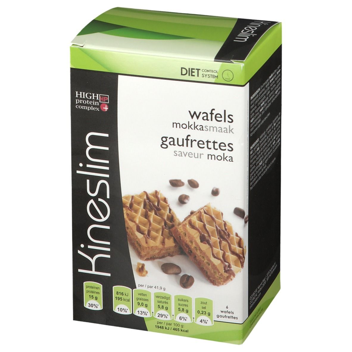 Boîte Kineslim avec gaufrettes moka. Face avant avec photo du produit et informations nutritionnelles. "High Protein Complex".