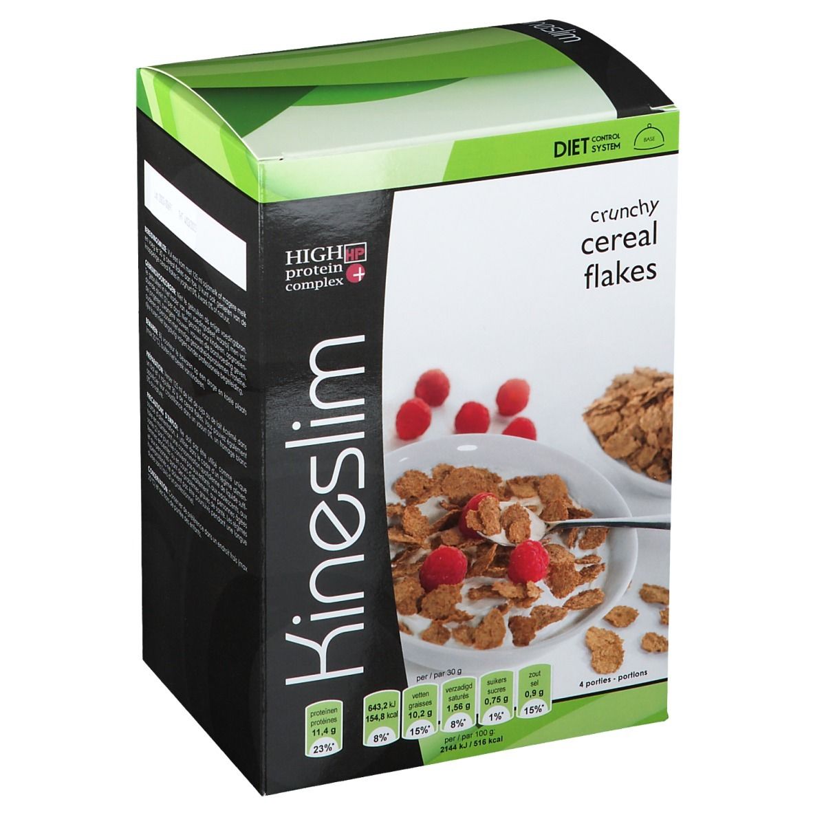 Boîte de céréales croustillantes Kineslim. Inscription : High Protein Complex, Crunchy Cereal Flakes. Illustration de flocons avec framboises.