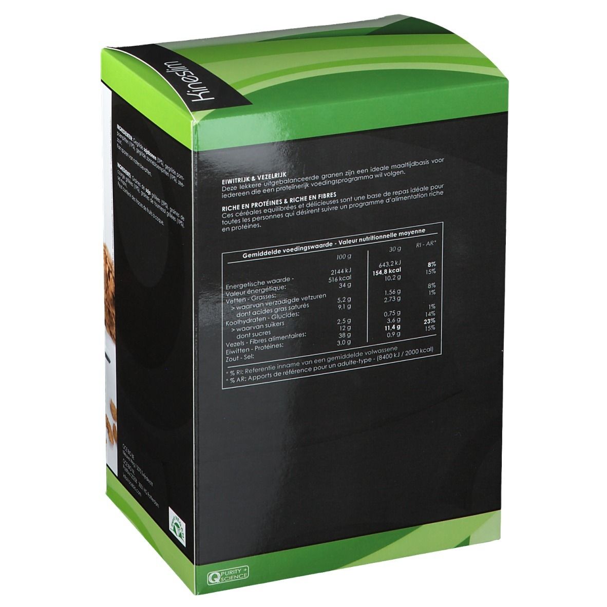 Dos de la boîte de céréales Kineslim. Informations nutritionnelles, texte sur protéines et fibres. Logo de production durable.