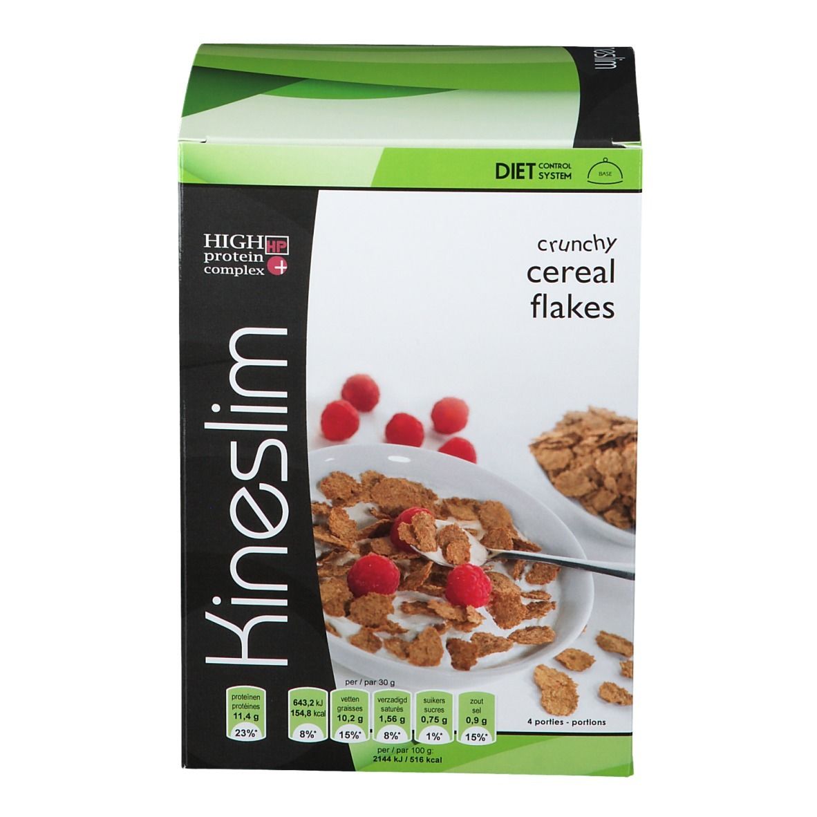 Boîte de céréales Kineslim. Inscription : High Protein Complex, Crunchy Cereal Flakes. Illustration de flocons avec framboises. Logo diététique.