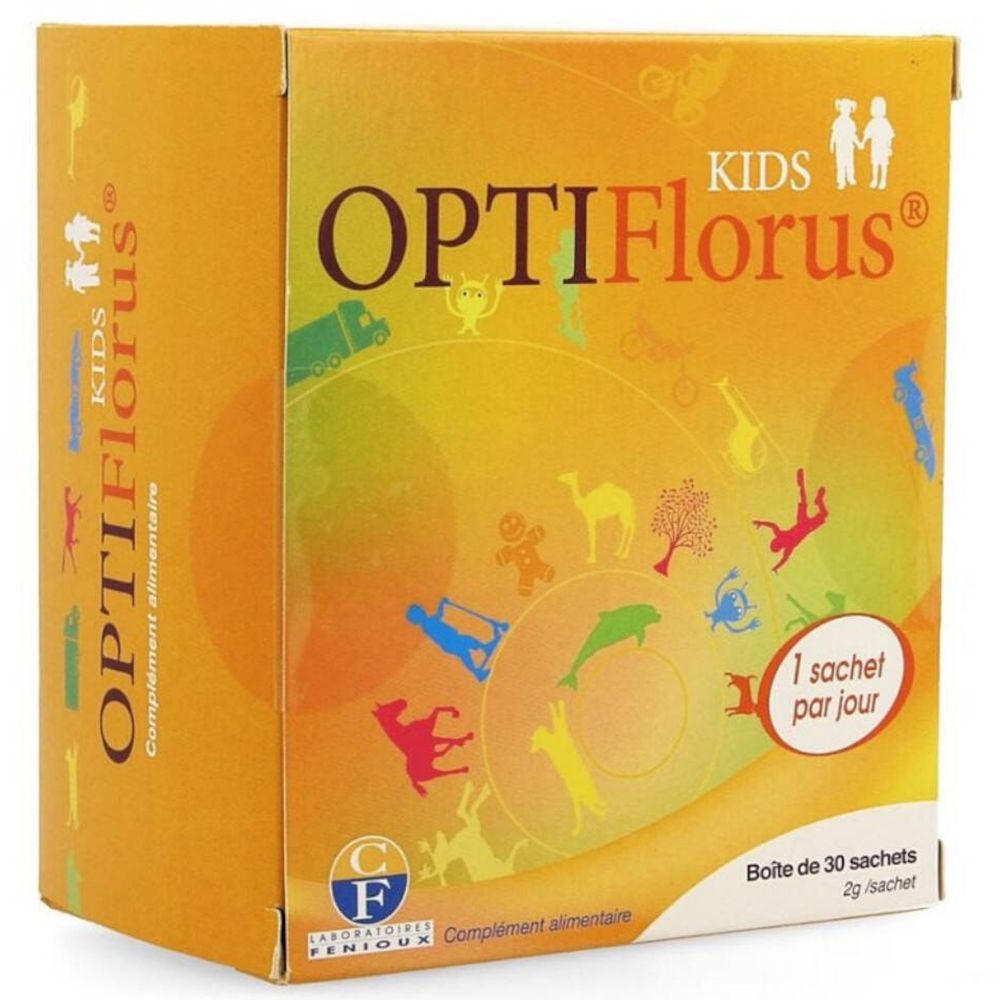Boîte OPTIFlorus® KIDS, fond orange avec illustrations colorées. Contient 30 sachets. Inscription "1 sachet par jour".
