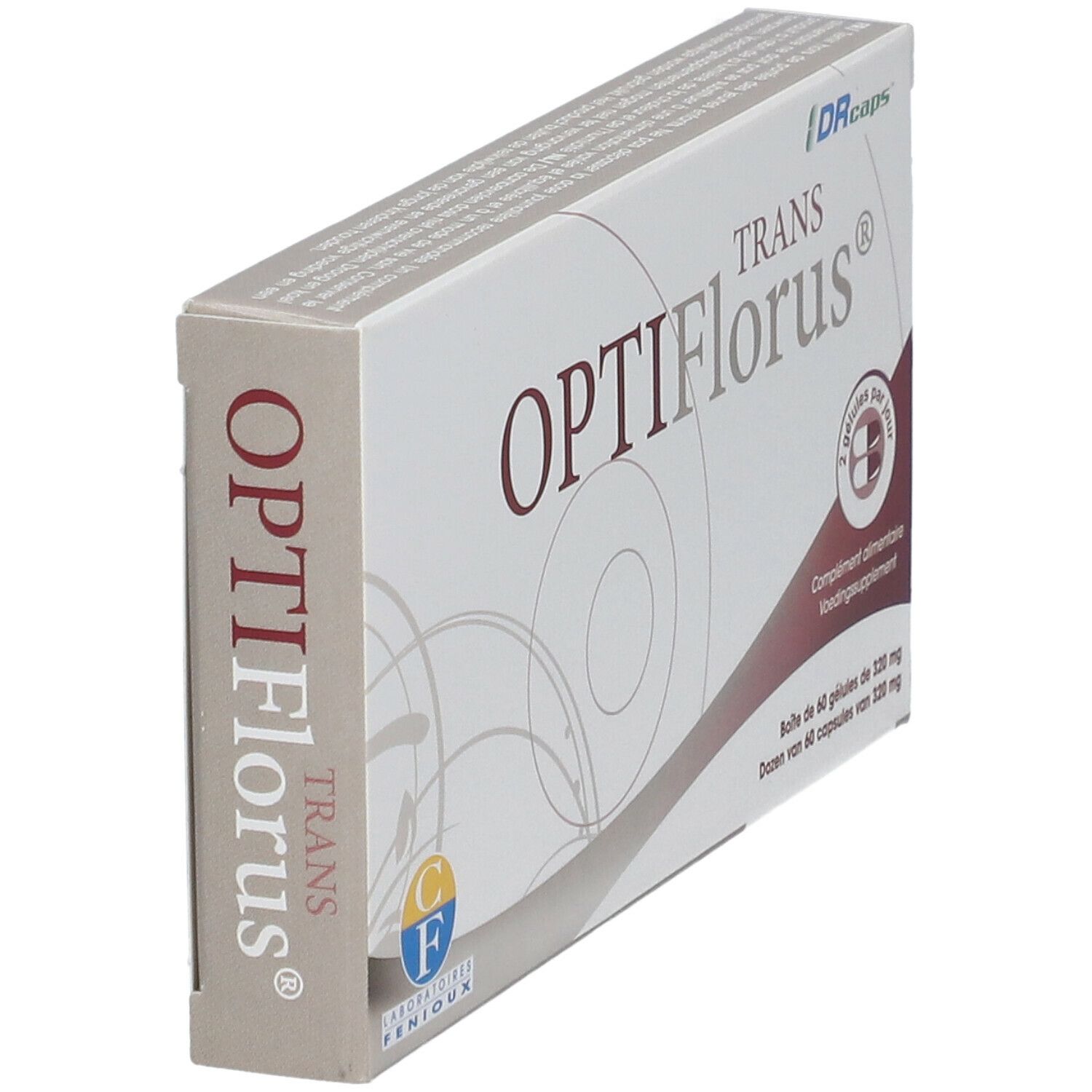 Kartonverpackung mit Produktnamen OPTIFlorus TRANS. Logo DRcaps oben rechts. Rote und weiße Farbakzente.