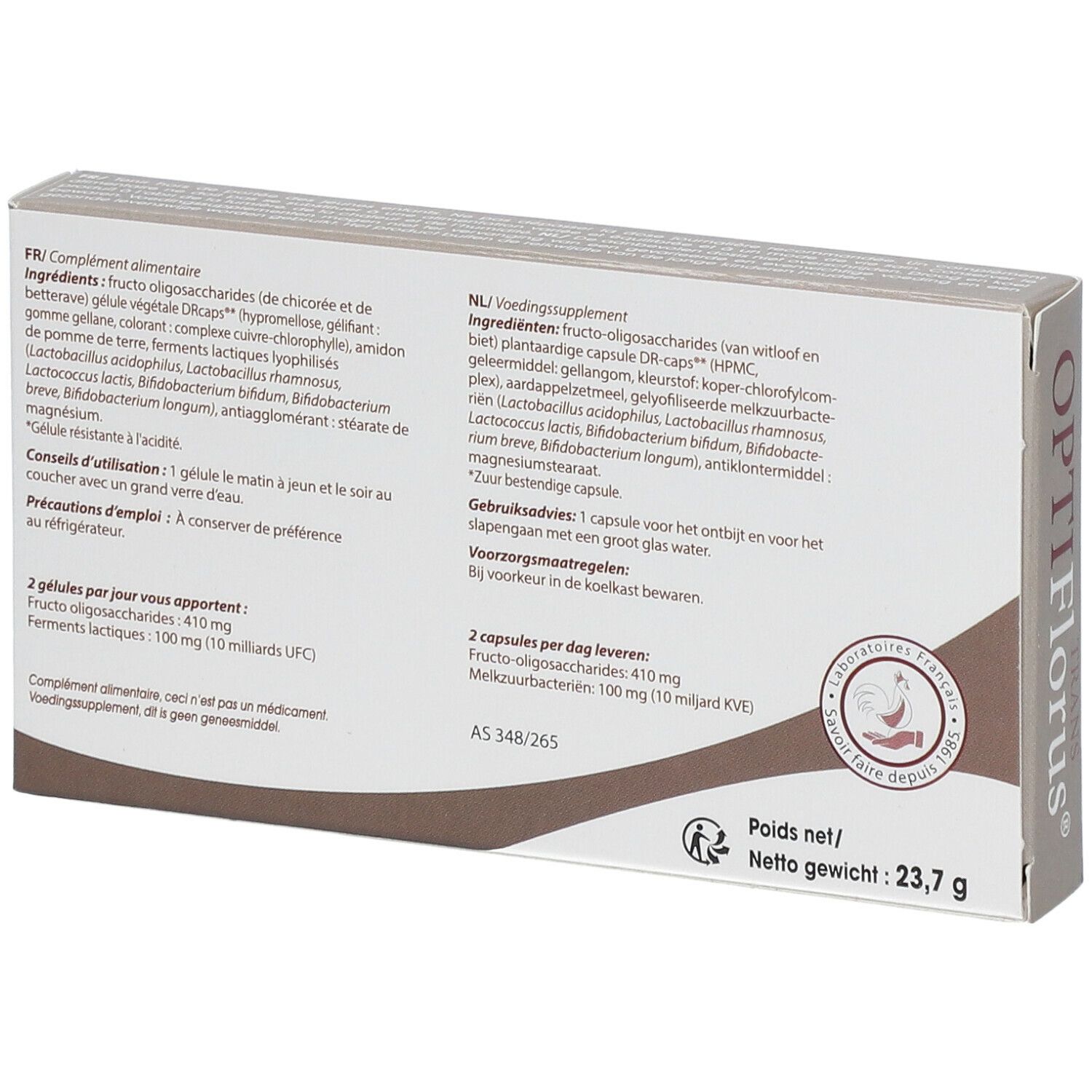 Rückseite der Verpackung von OPTIFlorus TRANS. Enthält Informationen zu Inhaltsstoffen und Anwendung in Französisch und Niederländisch.
