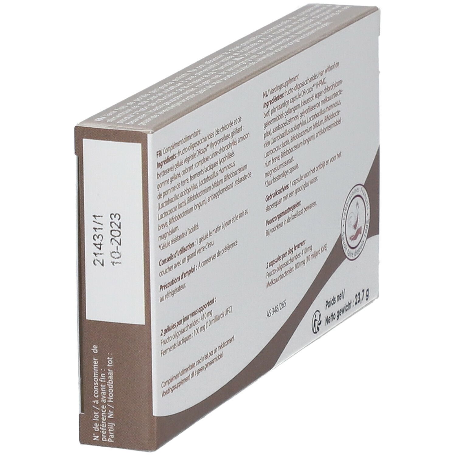 Verpackungsrückseite von OPTIFlorus TRANS mit Informationen zu Inhaltsstoffen und Verfallsdatum. Text in Französisch und Niederländisch.