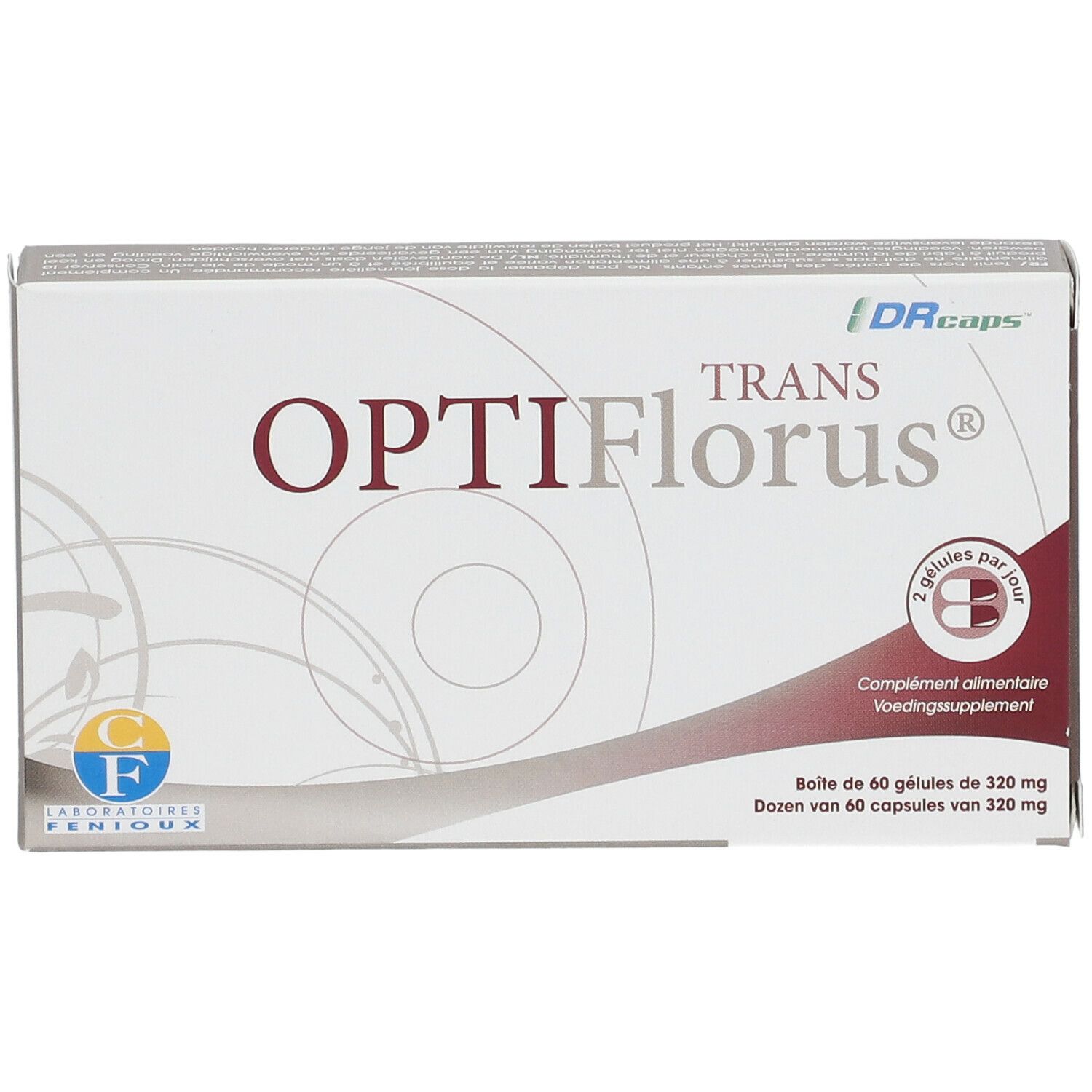 Kartonverpackung von OPTIFlorus TRANS. Enthält 60 Kapseln. Logo DRcaps. Text in Französisch und Niederländisch.
