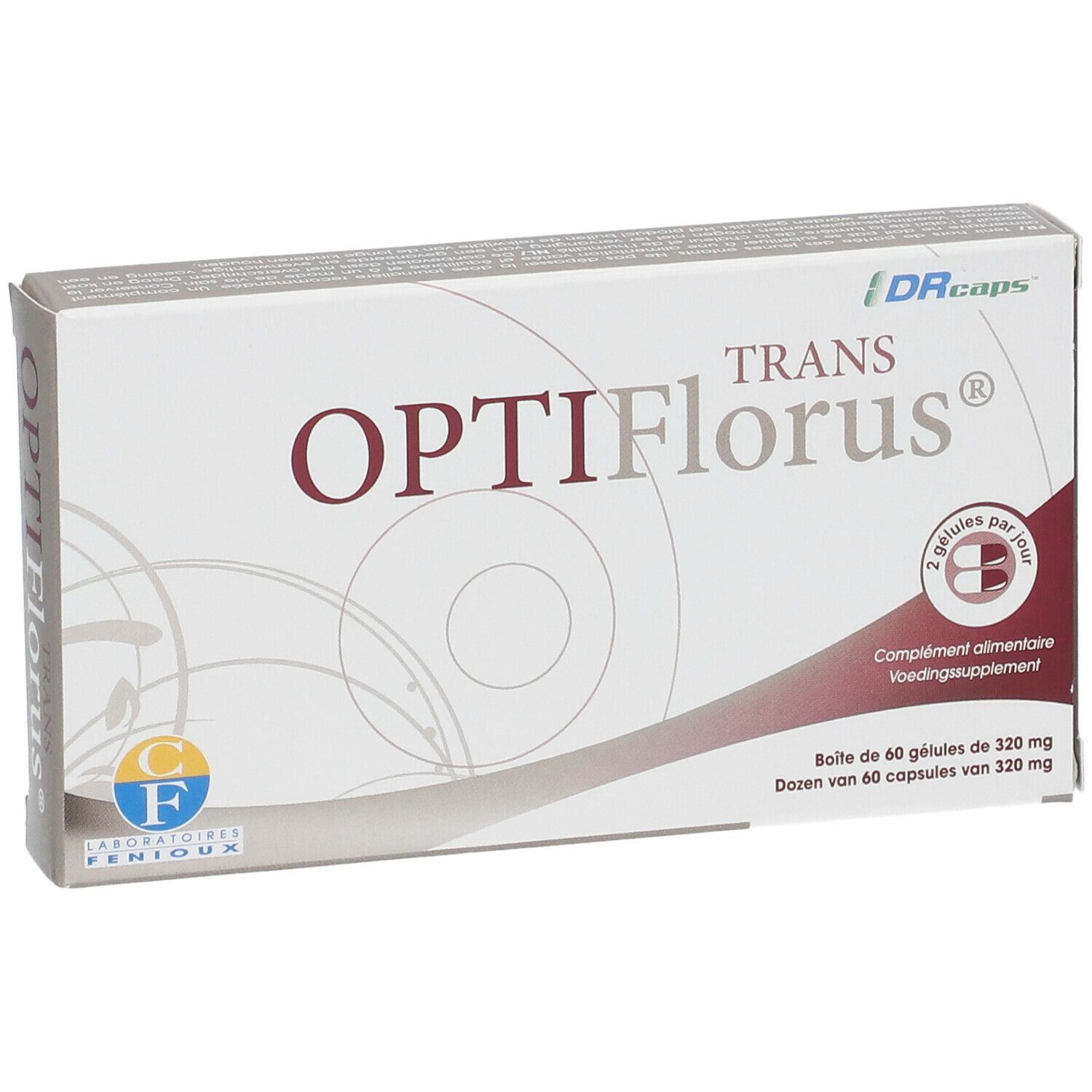 Kartonverpackung von OPTIFlorus TRANS. Enthält 60 Kapseln. Logo DRcaps. Text in Französisch und Niederländisch.