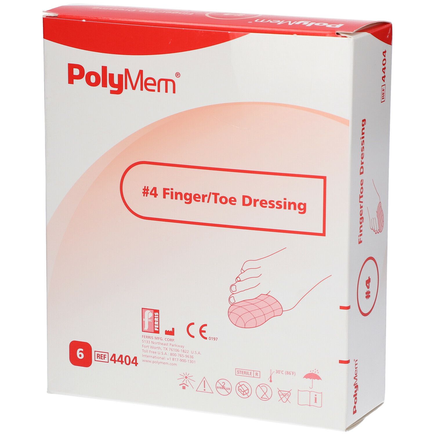 Verpakking van Polymem Finger/Toe Dressing. Opschrift: #4 Finger/Toe Dressing. Bevat 6 stuks. CE-markering.