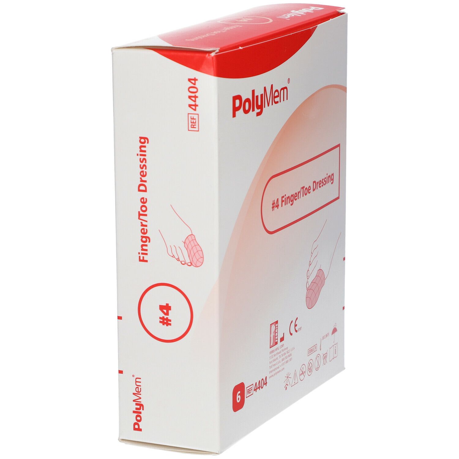 Verpakking van Polymem Finger/Toe Dressing. Opschrift: #4 Finger/Toe Dressing. Bevat 6 stuks. CE-markering.