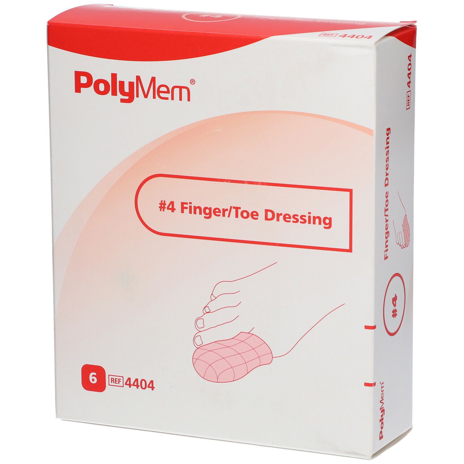 Verpakking van Polymem Finger/Toe Dressing. Opschrift: #4 Finger/Toe Dressing. Bevat 6 stuks. CE-markering.