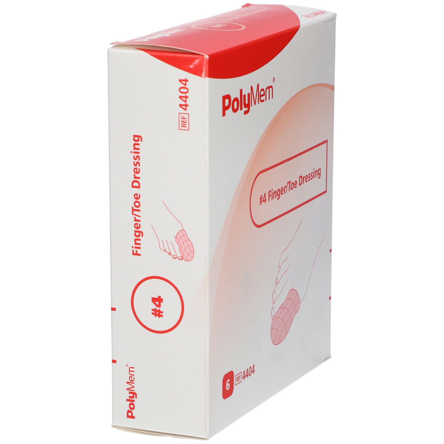 Verpakking van Polymem Finger/Toe Dressing. Opschrift: #4 Finger/Toe Dressing. Bevat 6 stuks. CE-markering.