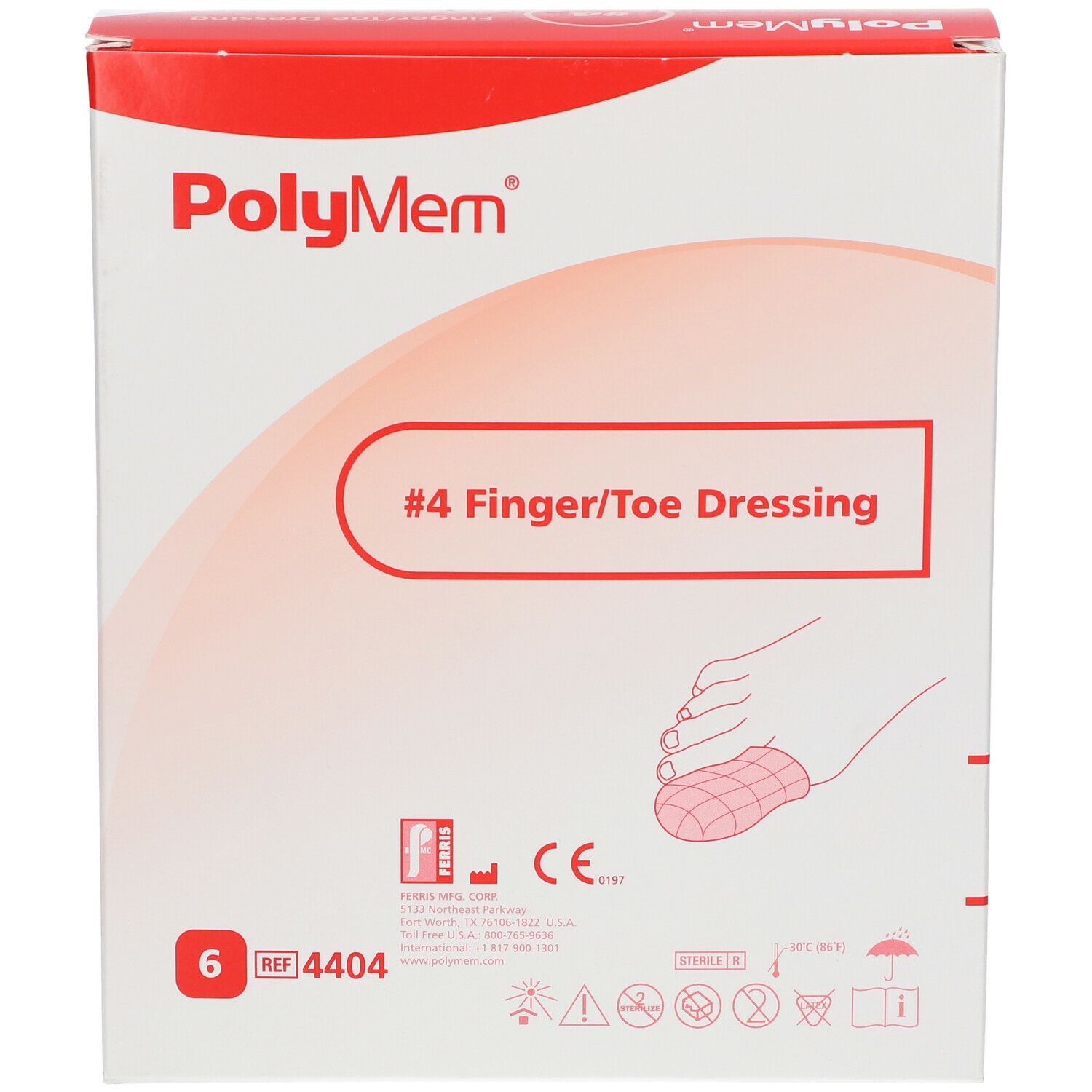 Verpakking van Polymem Finger/Toe Dressing. Opschrift: #4 Finger/Toe Dressing. Bevat 6 stuks. CE-markering.