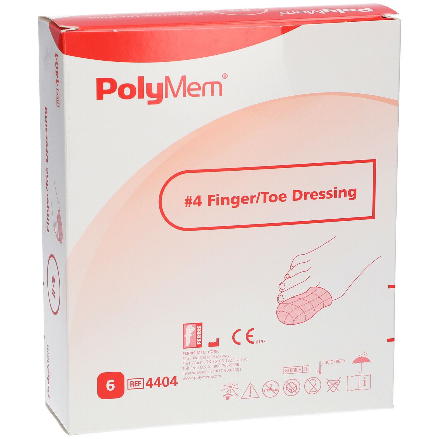 Verpakking van Polymem Finger/Toe Dressing. Opschrift: #4 Finger/Toe Dressing. Bevat 6 stuks. CE-markering.