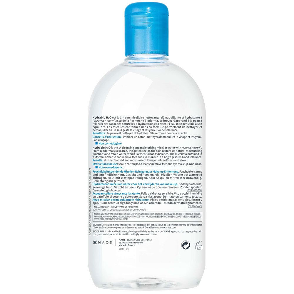 Achterkant van de BIODERMA Hydrabio H2O fles. Tekst in meerdere talen. Productinformatie.