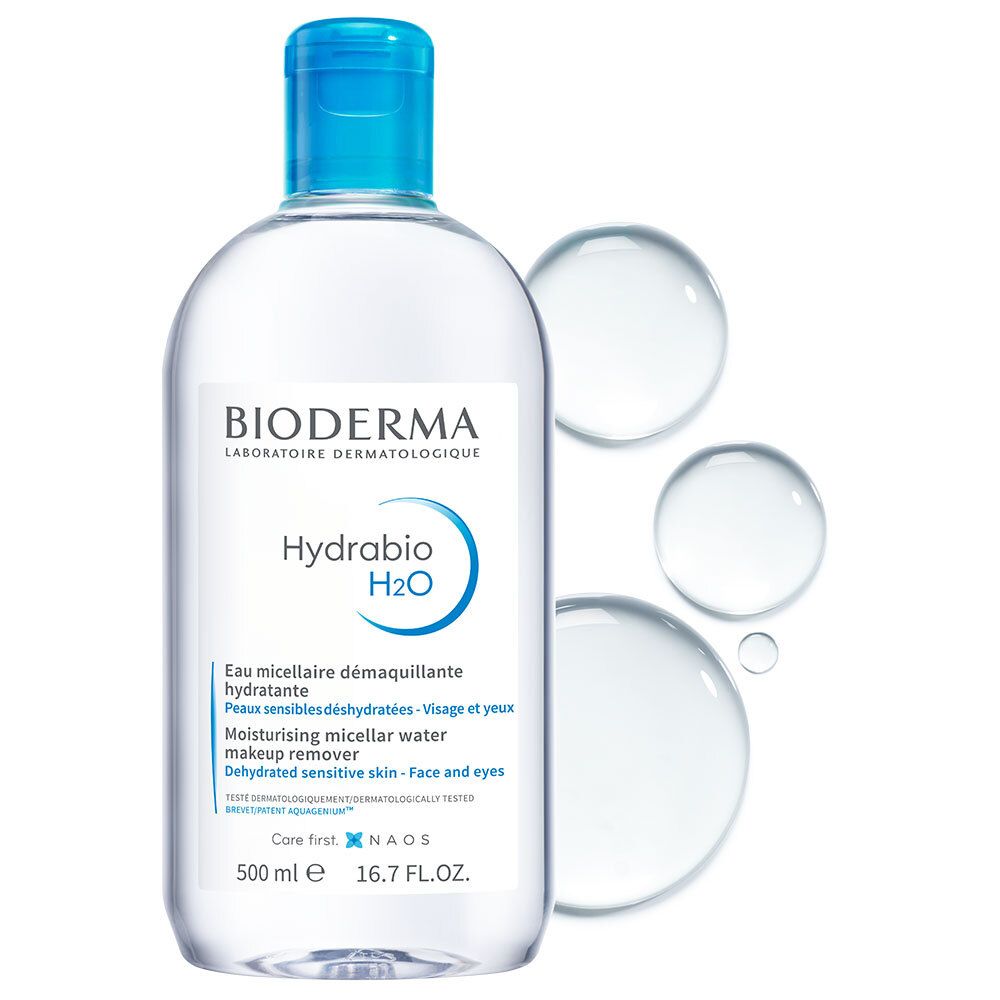 BIODERMA Hydrabio H2O fles met waterdruppels. Heldere vloeistof. Blauwe dop en etiket.