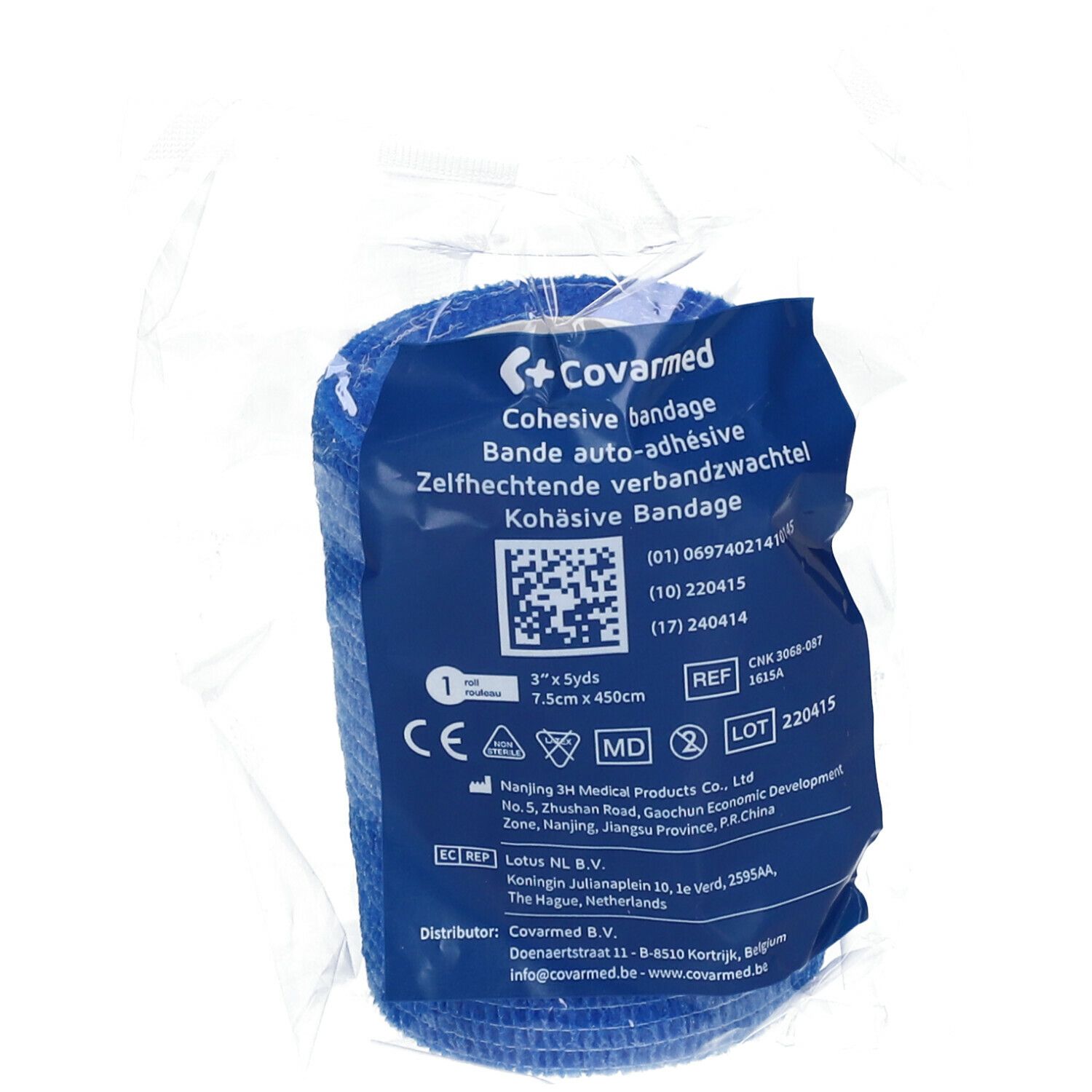 Blauw, cohesief verband in folieverpakking. Productinformatie en CE-markering zichtbaar. Afmeting: 7,5 cm x 4,5 m.