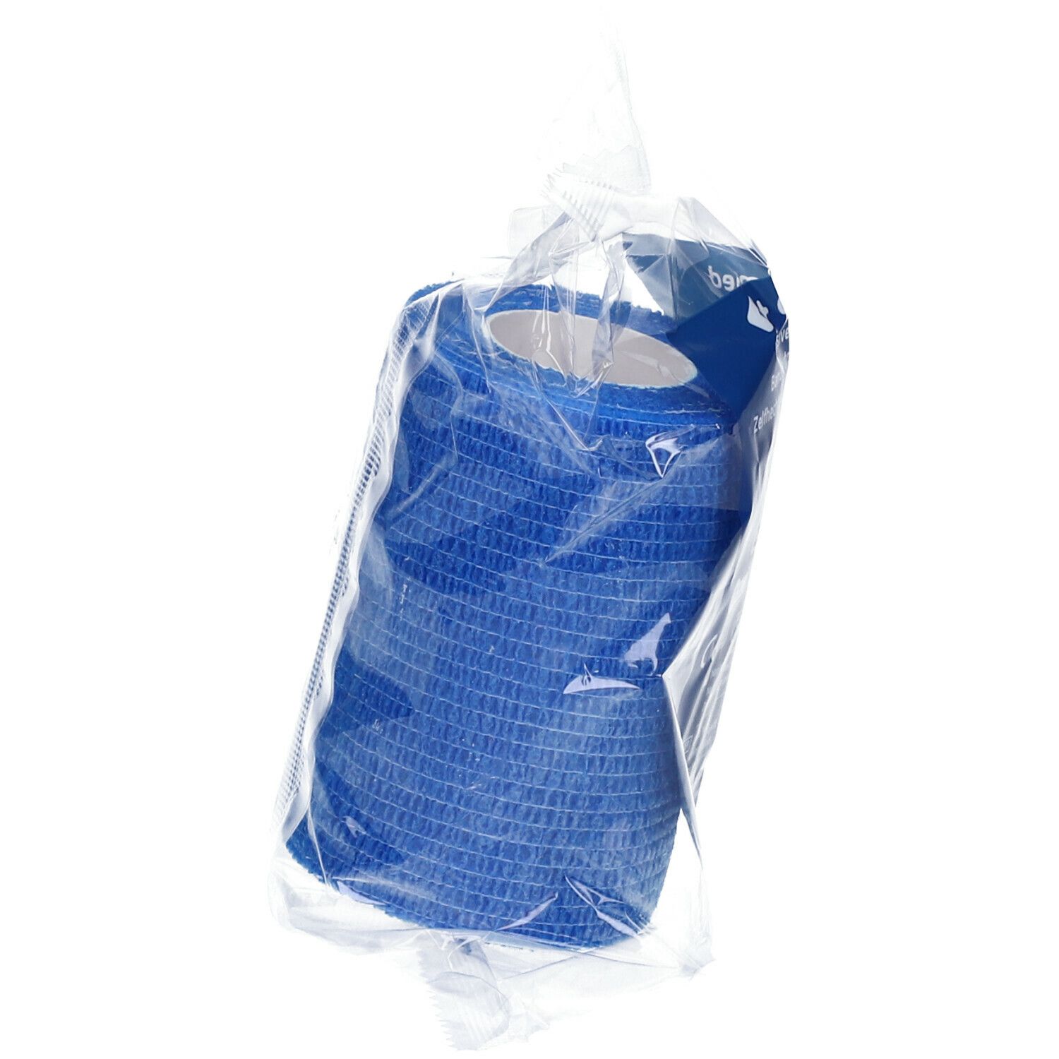 Blauw, cohesief verband in transparante folieverpakking. Product gedeeltelijk zichtbaar.