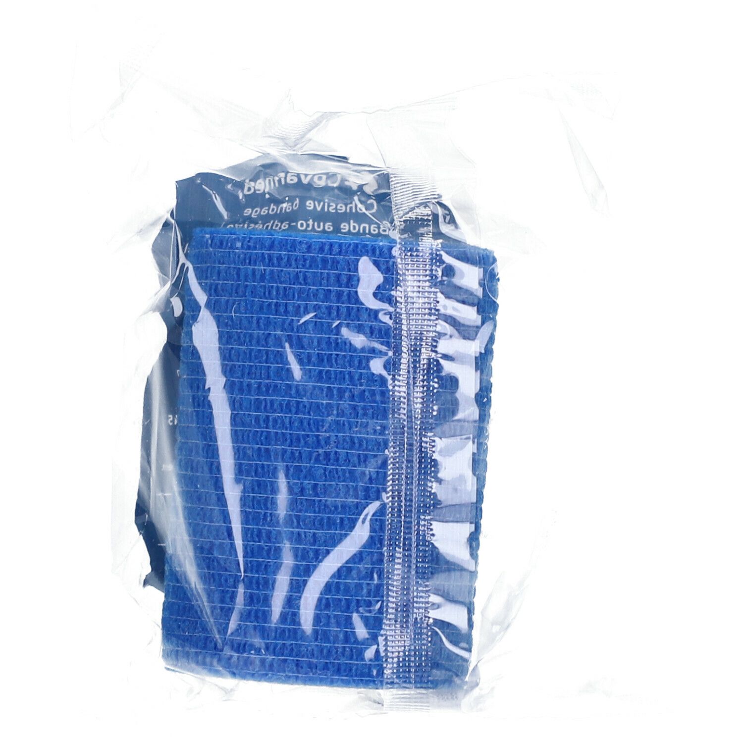 Blauw, cohesief verband in transparante folieverpakking. Product gedeeltelijk zichtbaar.