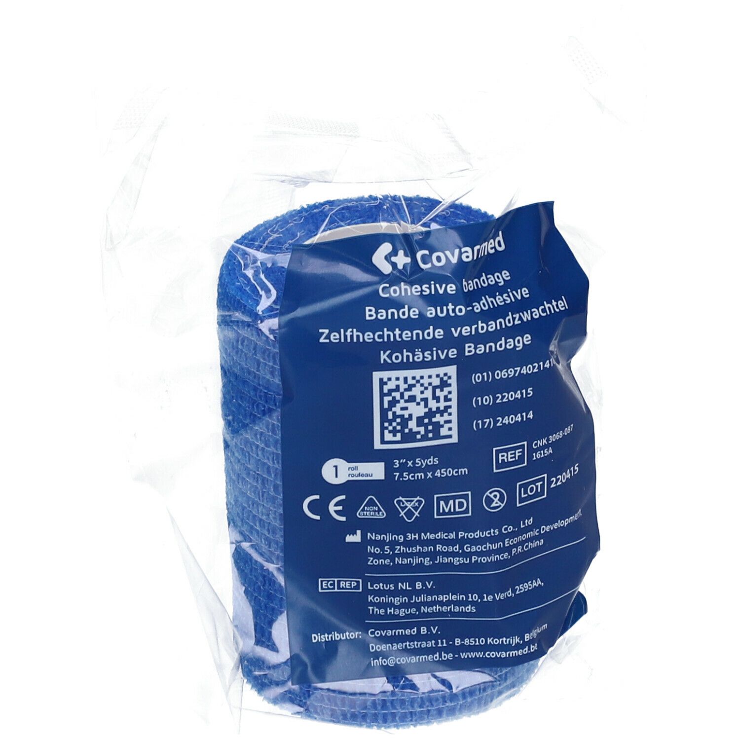 Blauw, cohesief verband in folieverpakking. Productinformatie en CE-markering zichtbaar. Afmeting: 7,5 cm x 4,5 m.