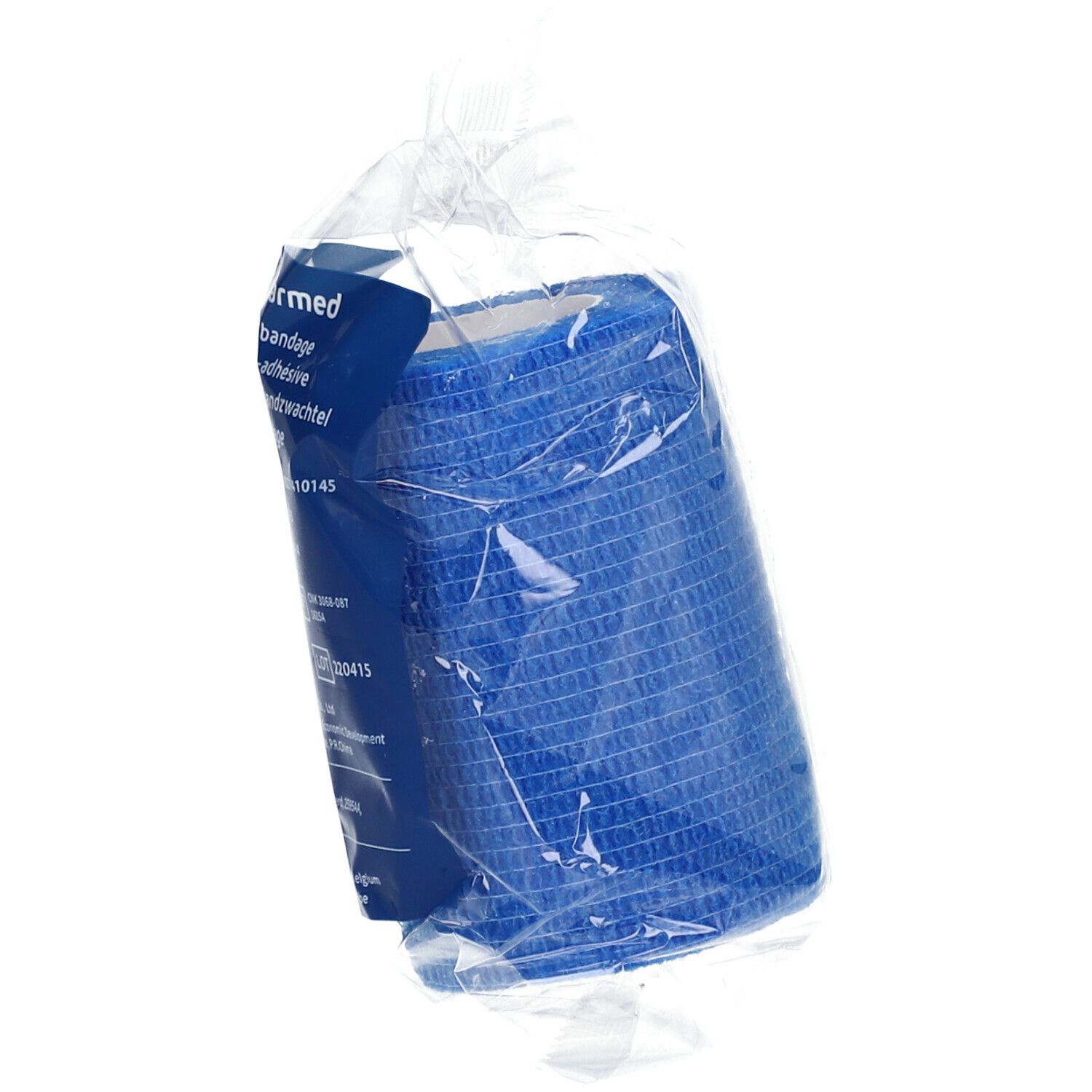 Blauw, cohesief verband in transparante folieverpakking. Product gedeeltelijk zichtbaar.